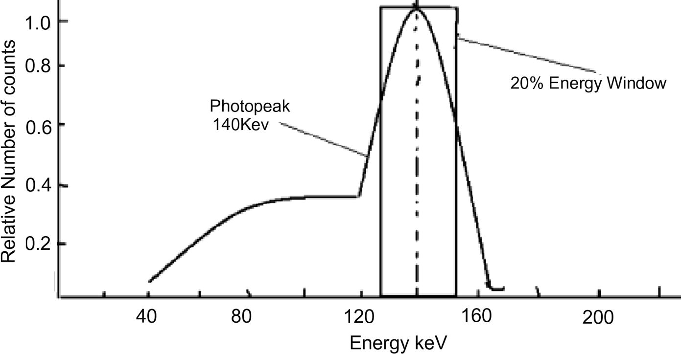 Relationship of energy of Tc-99m (keV) versus the relative number of counts.