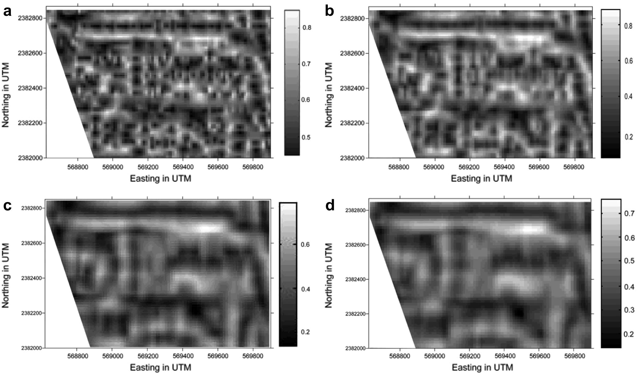 Normalized SD solution using (a) window = 3 units, (b) window = 5 units, (c) window = 9 units, and (d) window = 11 where 1 unit = 13 m.