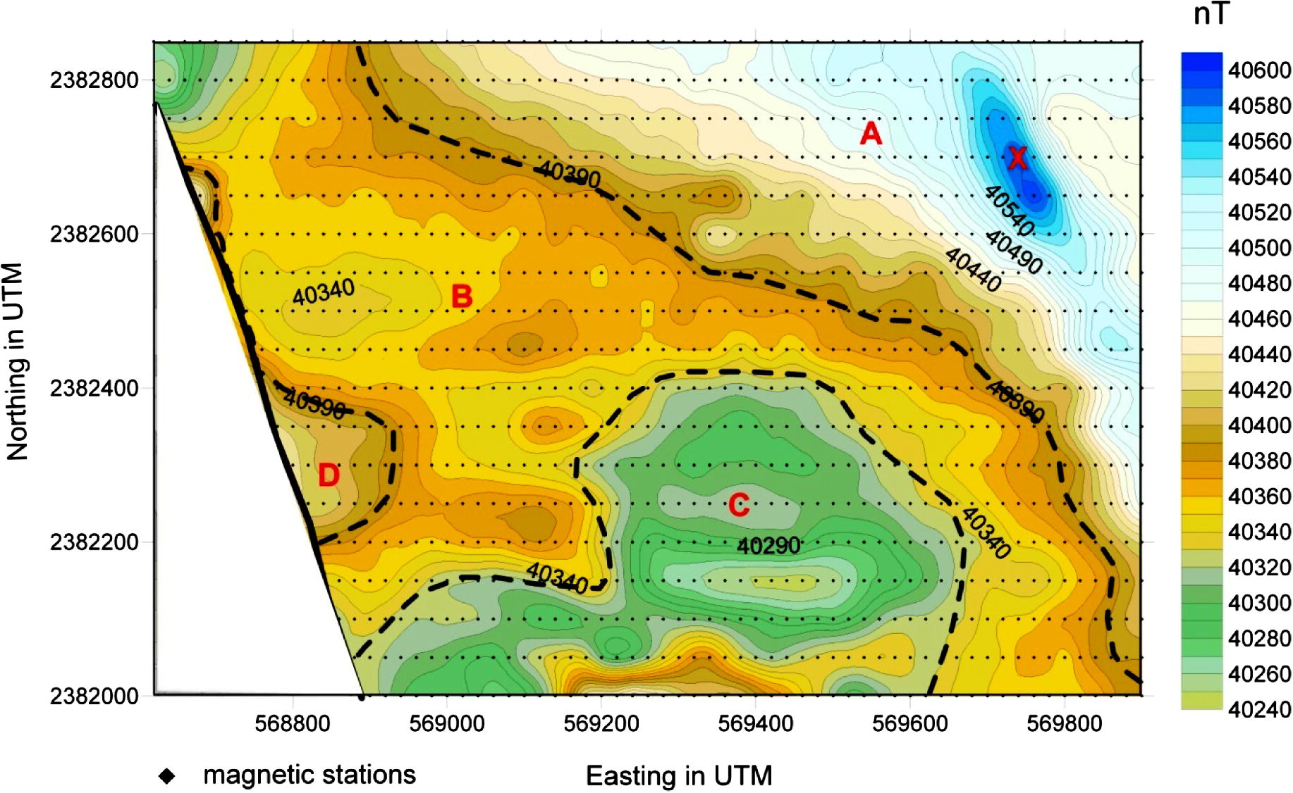 Total intensity ground magnetic map for the study area: diurnal corrected, Gaussian filter applied, IGRF added.