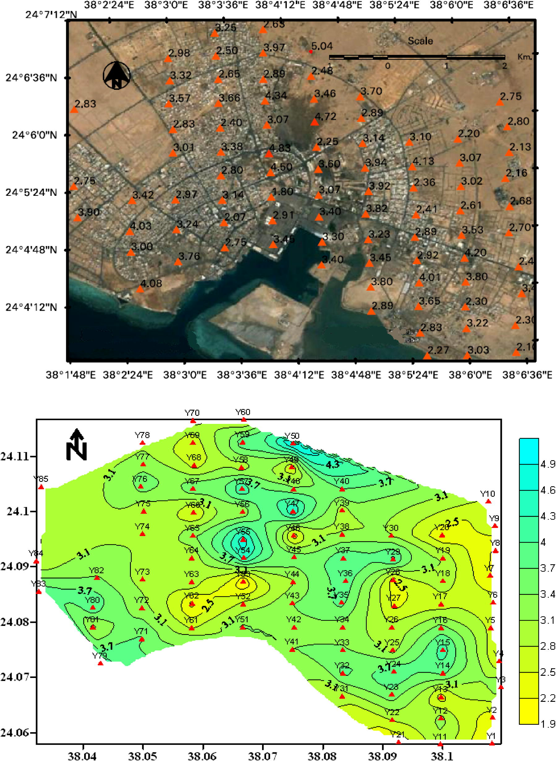 Contour map for H/V amplitude ratio Amax for Yanbu city.