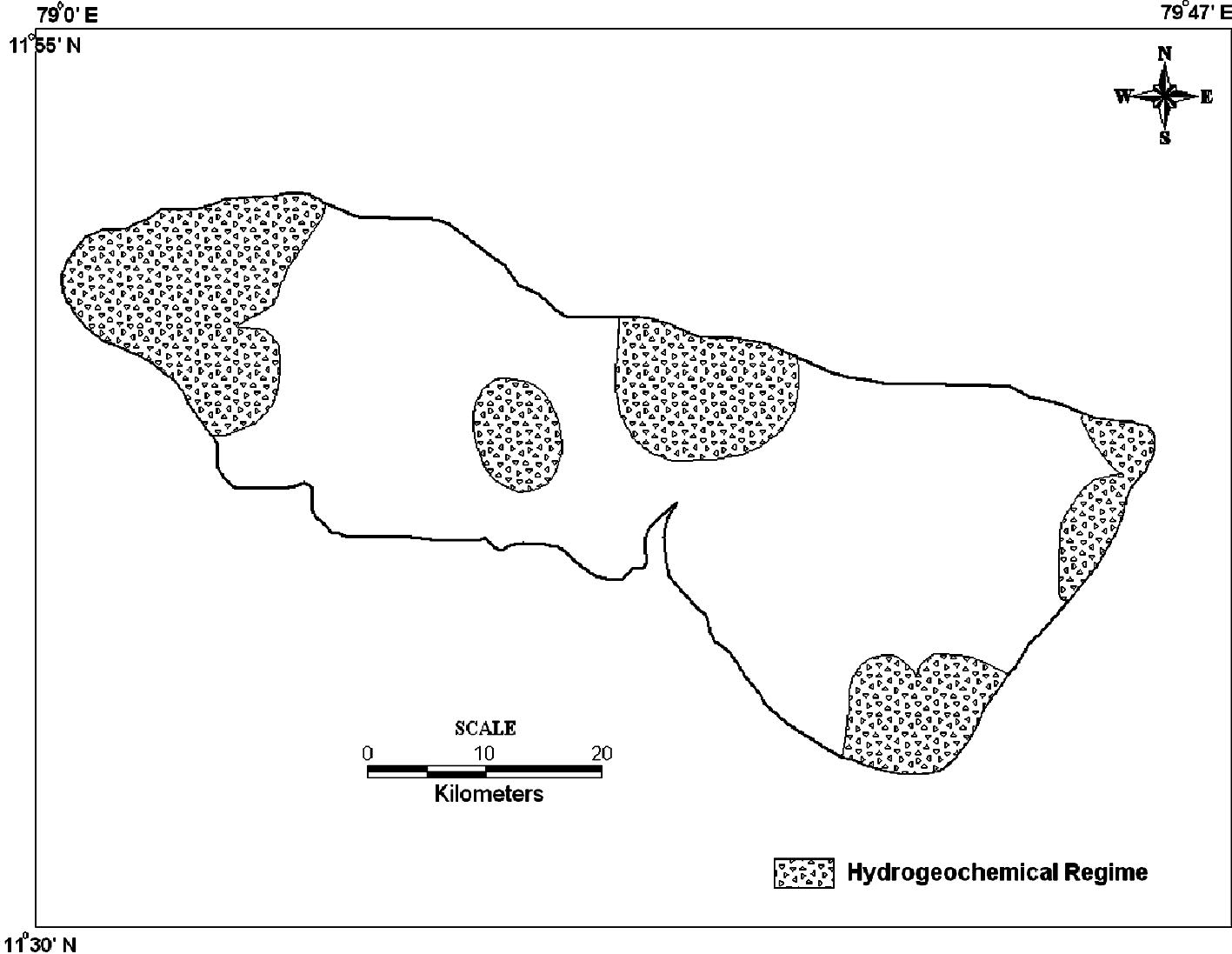 Spatial distribution of dominant hydrogeochemical regime in the study area.