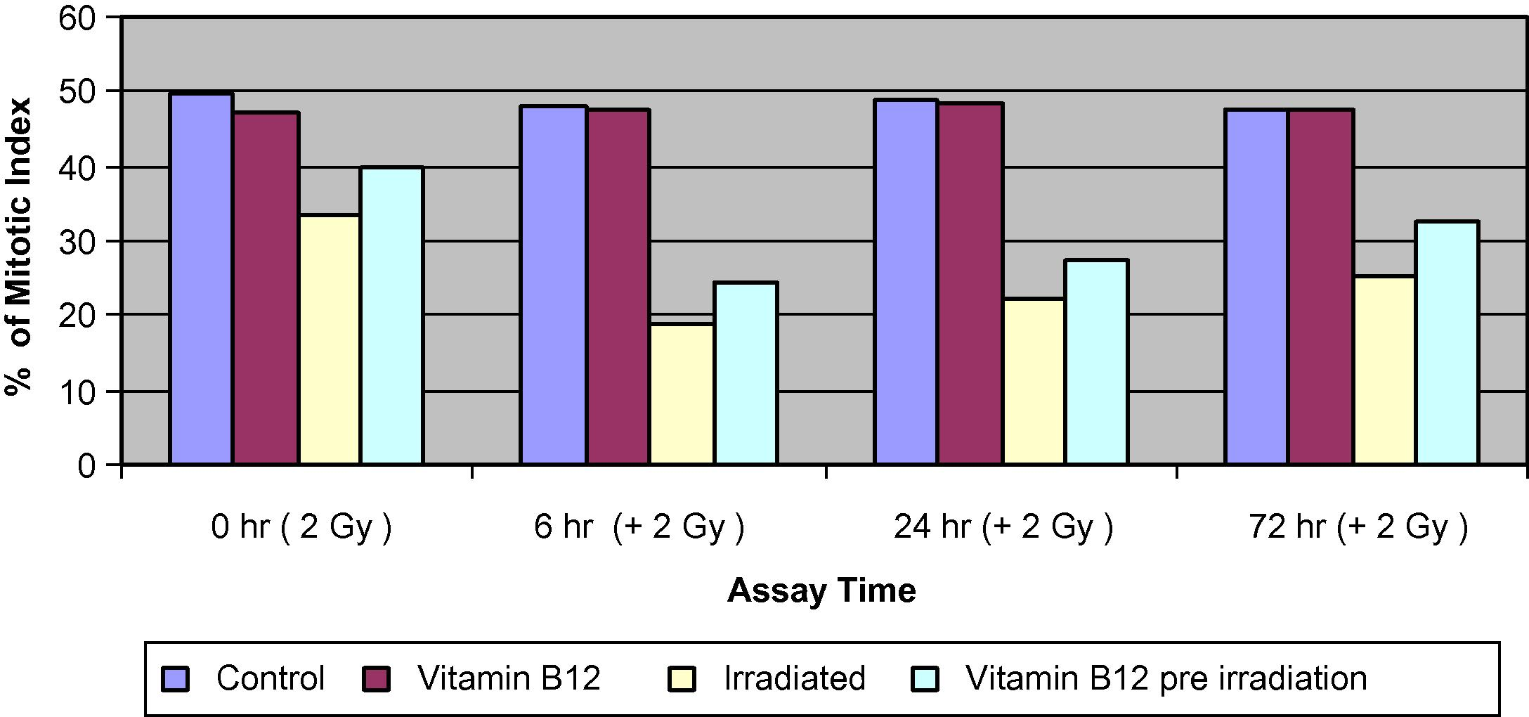 Percentage of mitotic index (% MI) of bone marrow cells in different groups of mice assessed at 0, 6, 24 and 72 h.