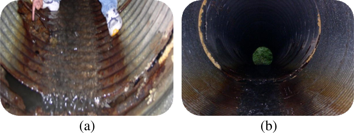 (a) Big hole and corrosion in the invert of the culvert 25001273A01. (b) Misalignment of the culvert 25001273A01.