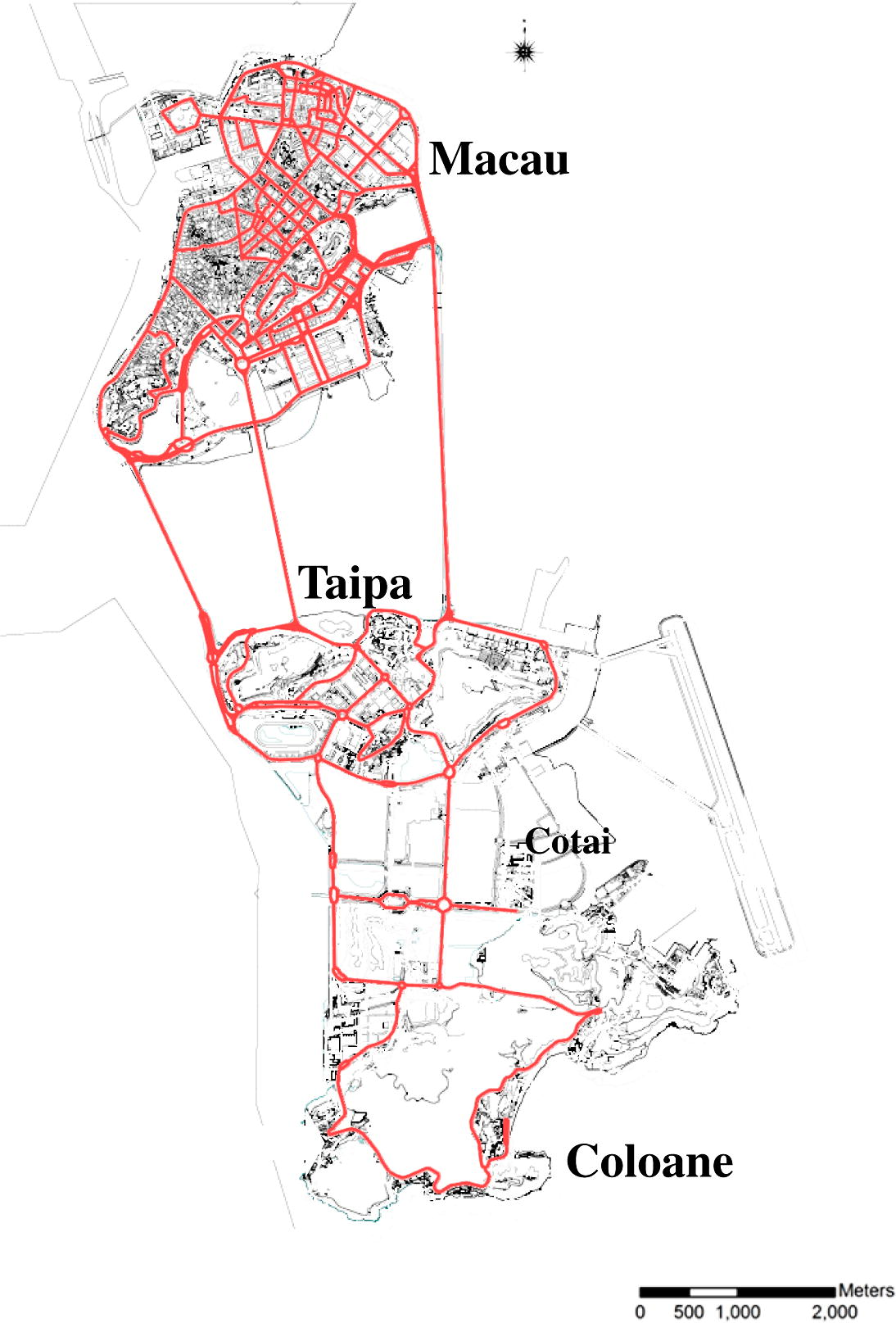 The map of Macau, showing the Macau peninsula, Taipa island and Coloane island.