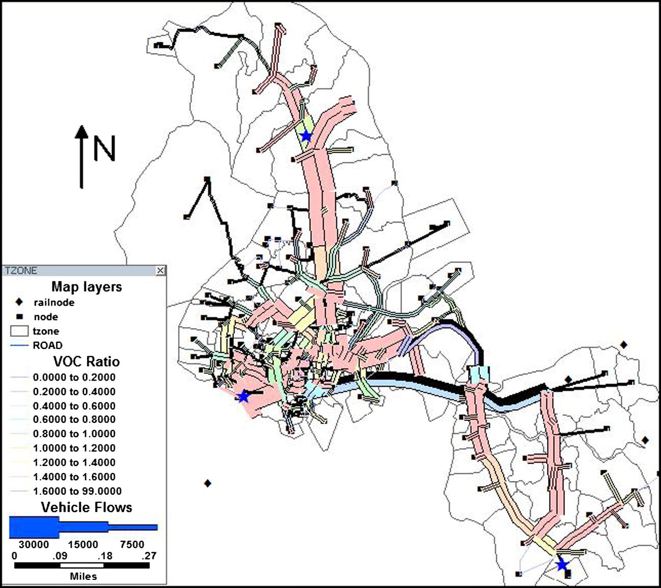 Forecasted ridership pattern on the transport network.