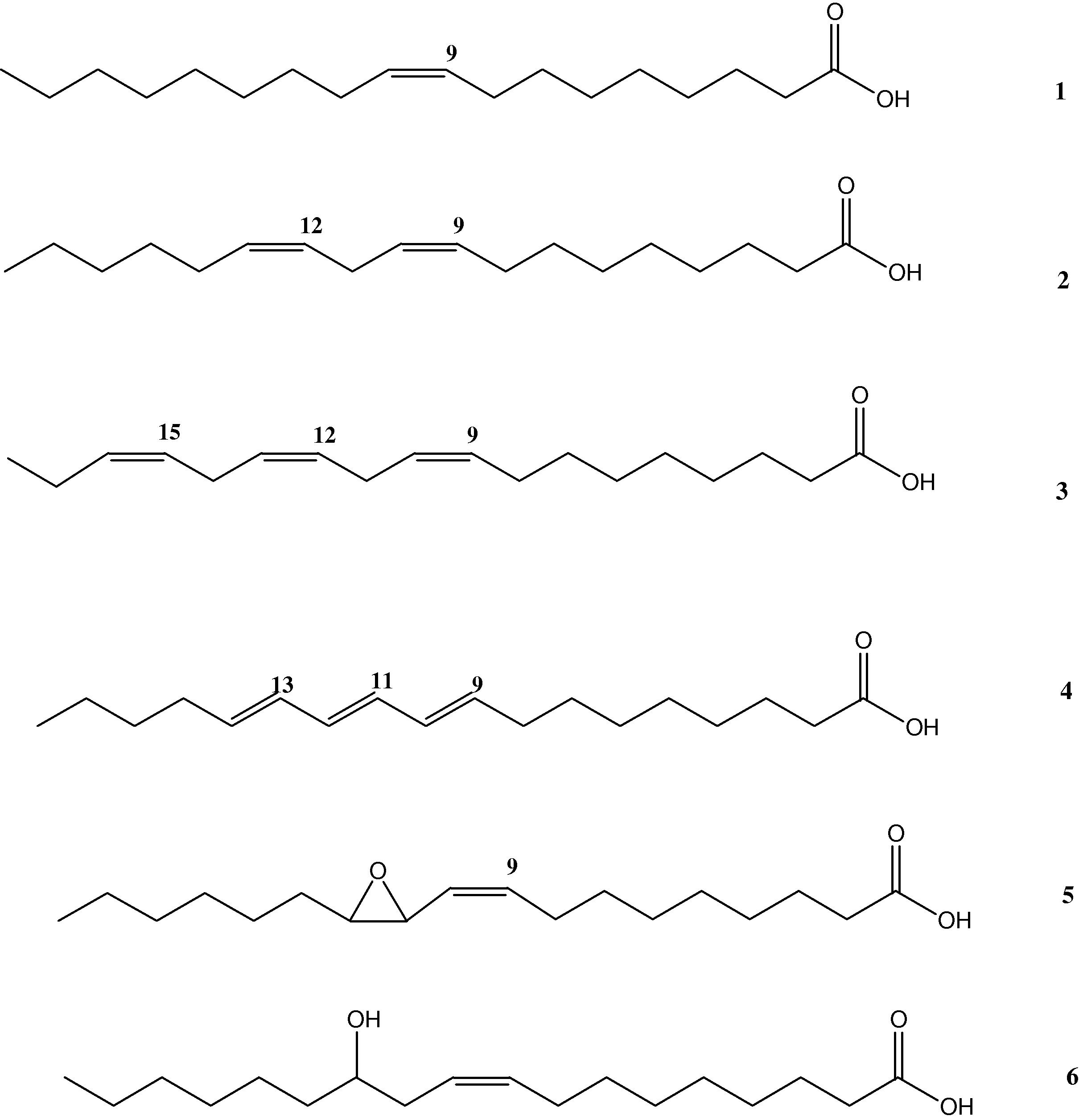 Fatty acids as starting materials for the synthesis of novel fatty compounds: (1) oleic acid, (2) linoleic acid, (3) linolenic acid, (4) α-eleostearic acid, (5) vernolic acid, (6) ricinoleic acid.