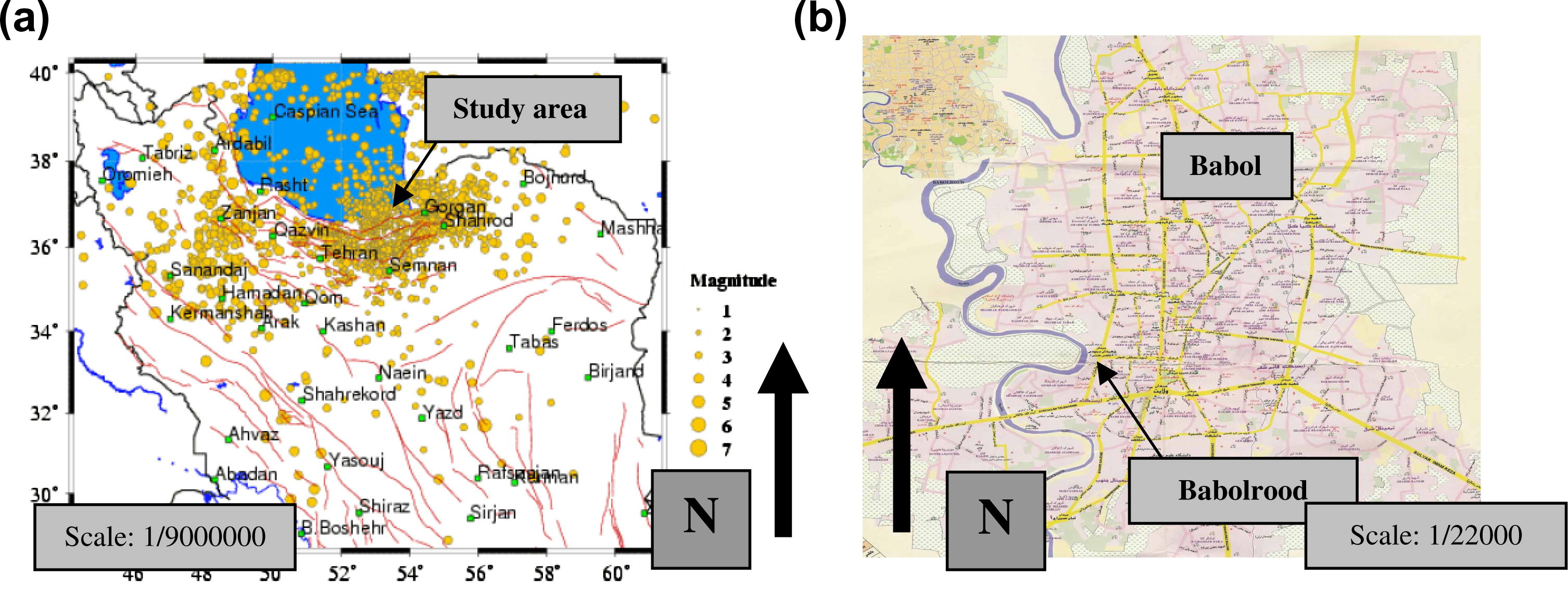 (a) Map of study area and magnitude of earthquake recorded in study area and (b) the zone of the Babolrood river.