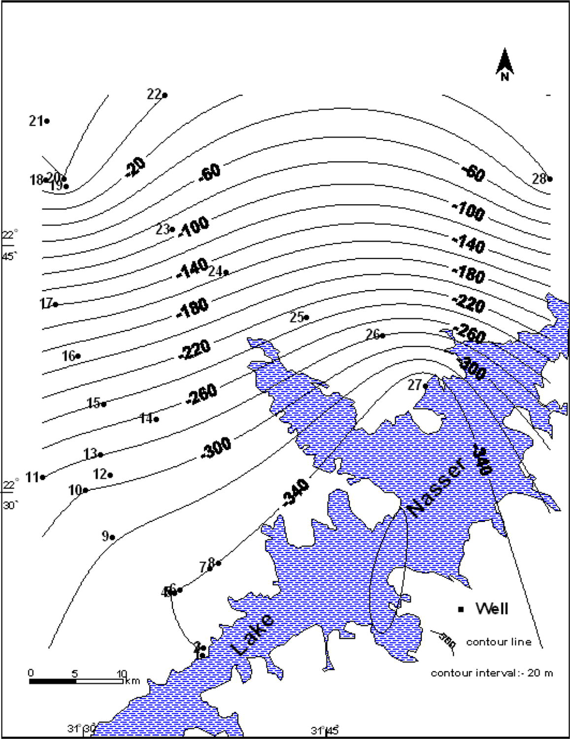 Basement surface level contour map of the study area.