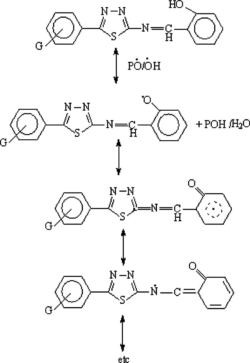 The suggested mechanism of photostabilization of PMMA by SE, SN, SE and SP compounds as radical scavenger.