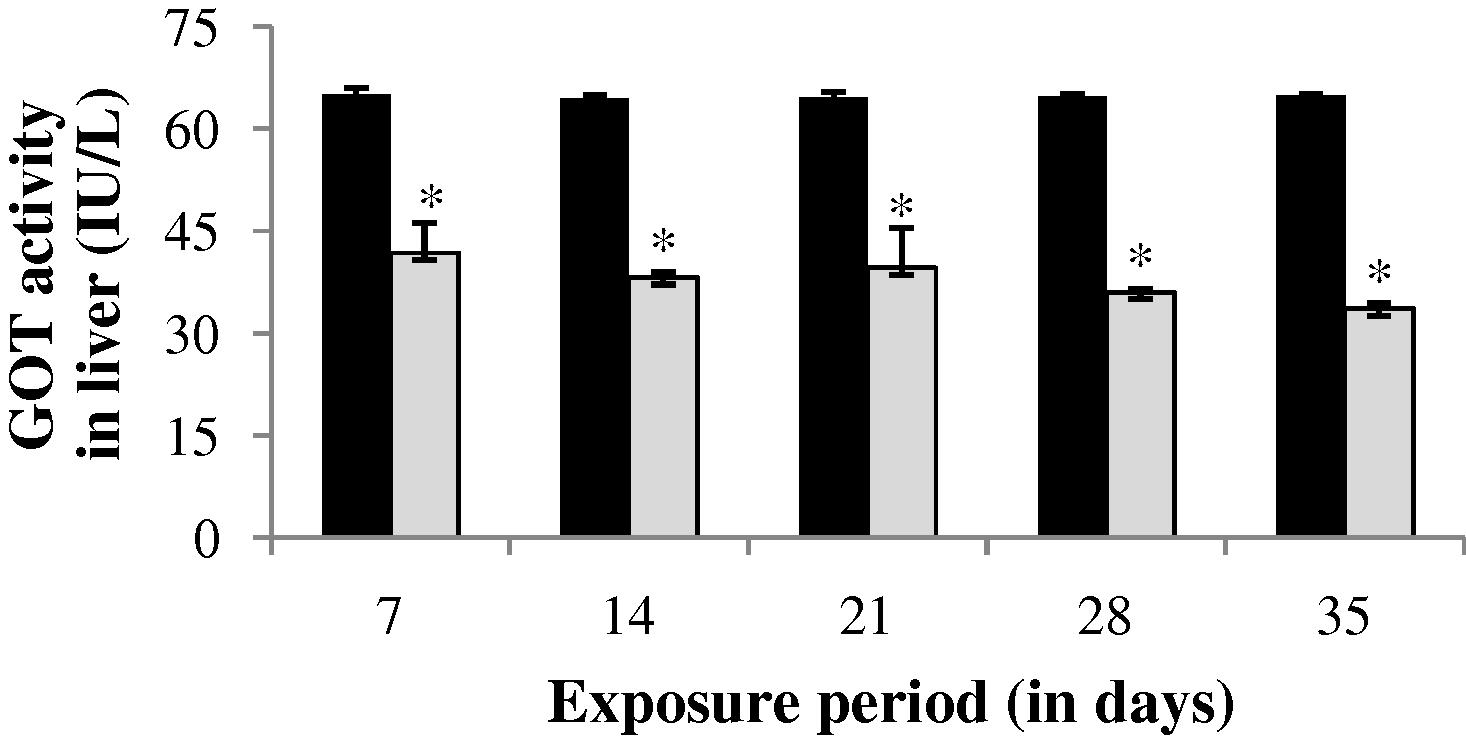 GOT activity in liver of control and carbamazepine treated fish (5.97 ppm; 35 days). Bar represents SE of the mean. Comparisons of means (control and treated fish) were done by Student’s t-test. ∗ Significant at 5% level (p < 0.05).