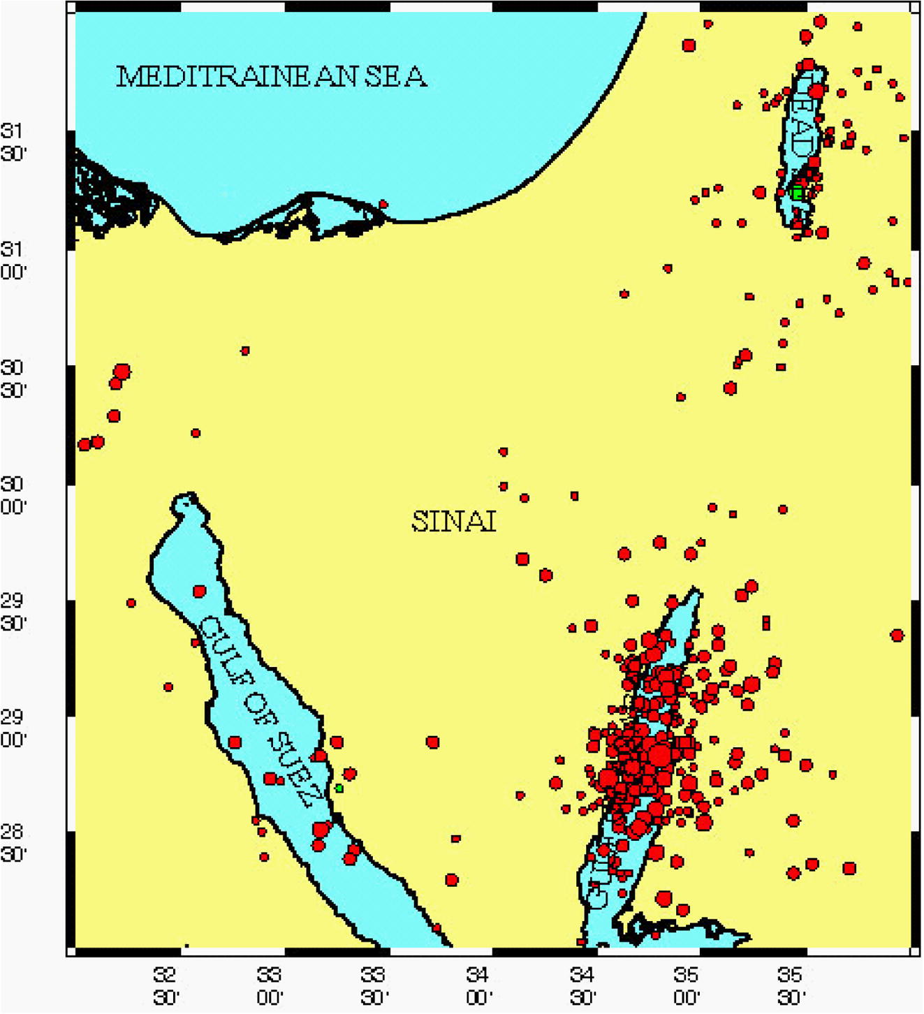 Seismic activities map for Northern Red Sea area from 1969 to 2009.