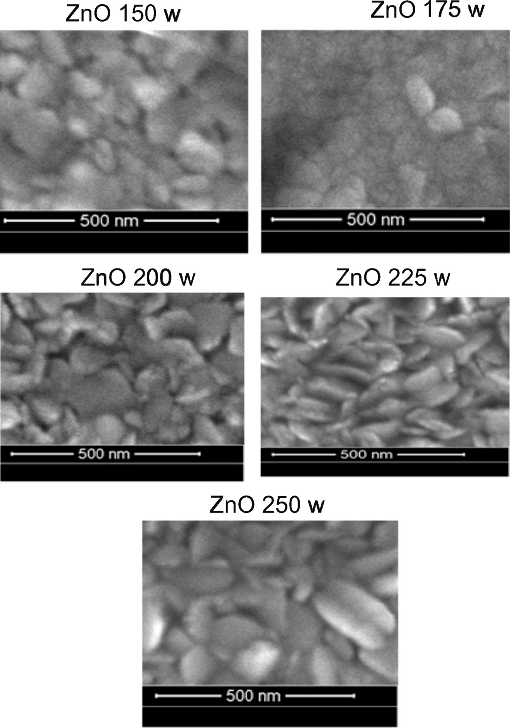 FESEM and AFM images of ZnO films on Si substrates prepared at various RF powers.