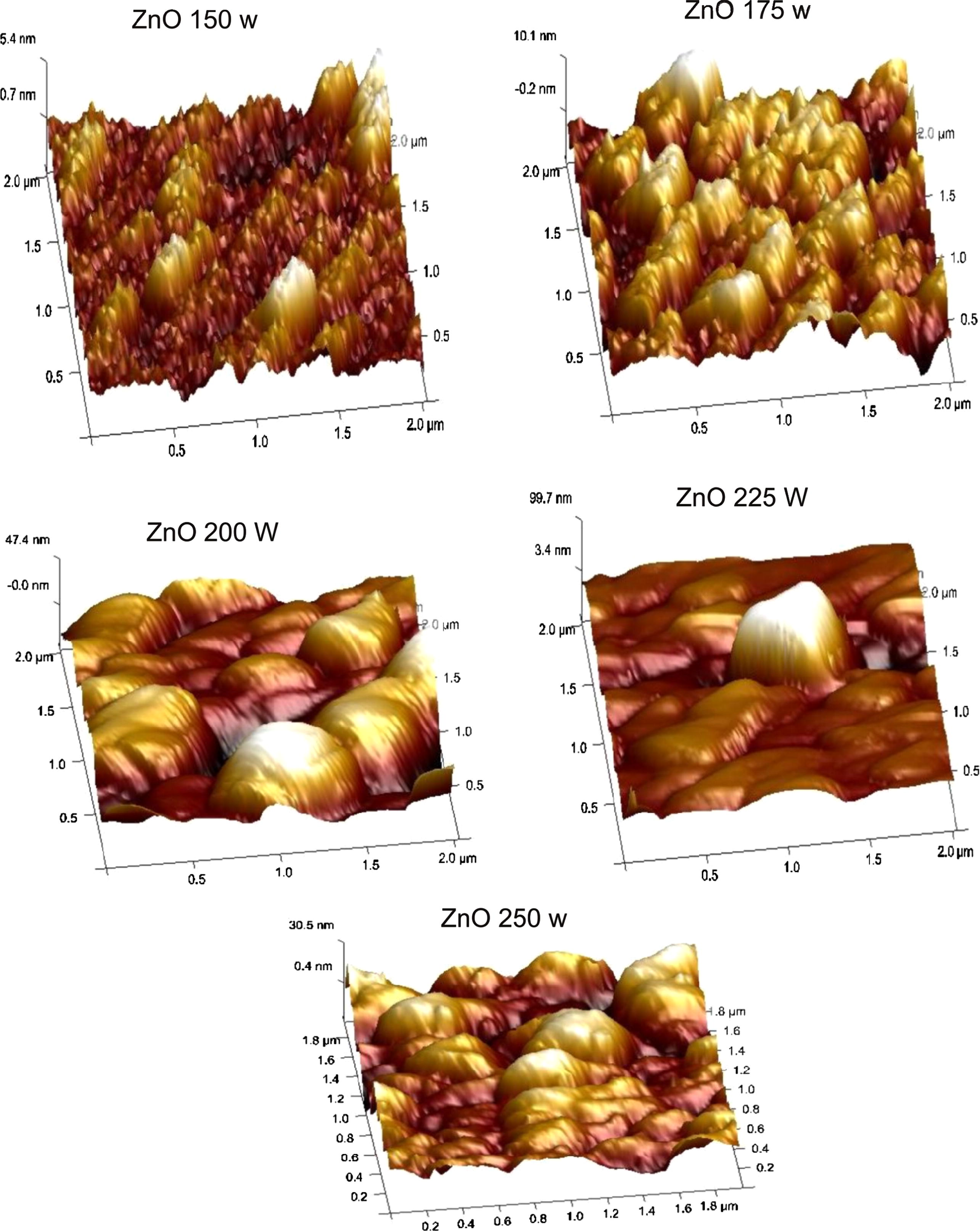 FESEM and AFM images of ZnO films on Si substrates prepared at various RF powers.