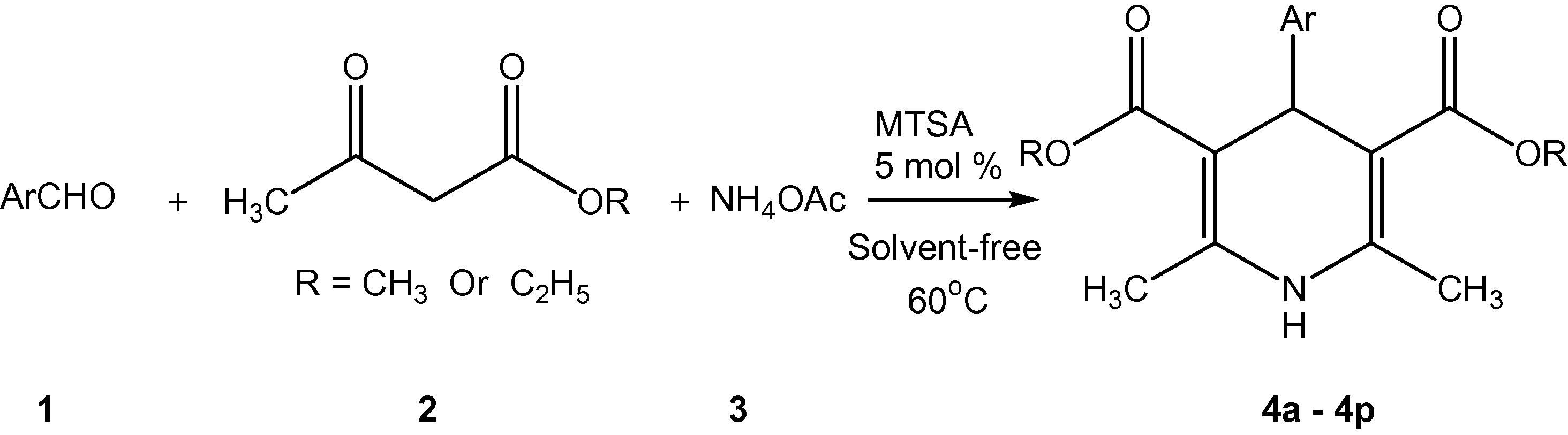 The reaction of aromatic aldehyde, ethyl/methyl acetoacetate and ammonium acetate in the presence of MTSA as catalyst at 60 °C under solvent free condition.