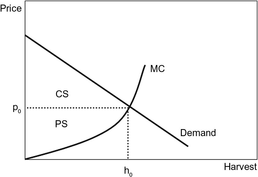 Well-managed (rationalized) fishery with price equal to marginal cost (MC). The market equilibrium occurs at price, p0, and harvest, h0. Both consumer surplus (CS) and producer surplus (PS) are realized. If all fishing vessels are identical, in terms of both capital and labor (including fishing skills and knowledge), then the producer surplus comprises the resource rent.