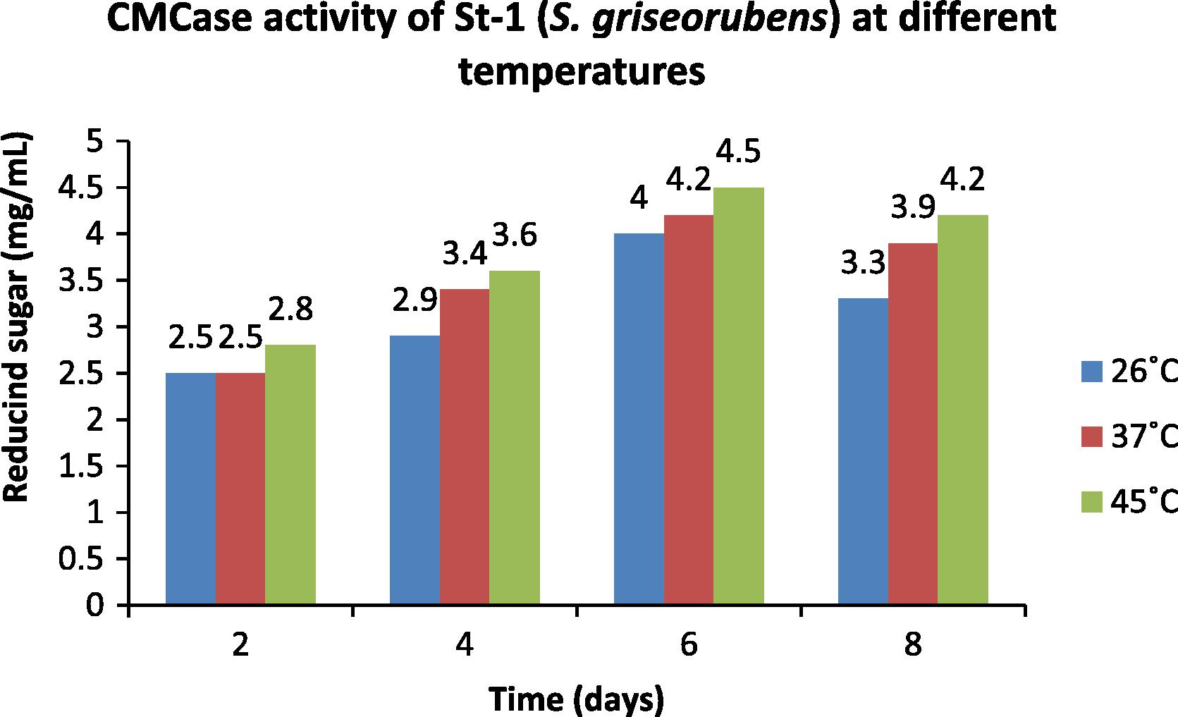 Optimization of temperature for the CMCase activity of St-1 (S. griseorubens).