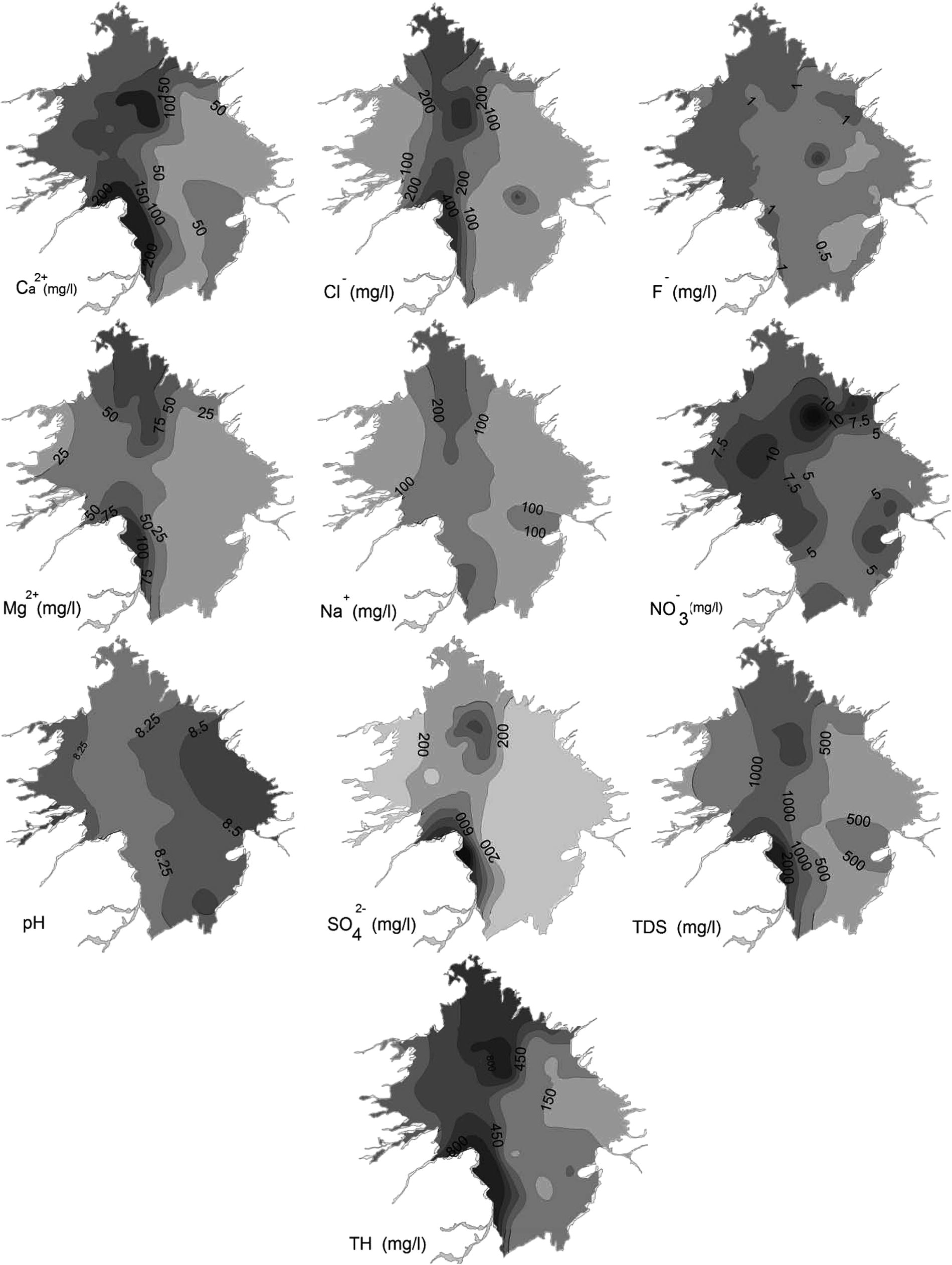 Contour maps of water quality parameters generated by fuzzy model.