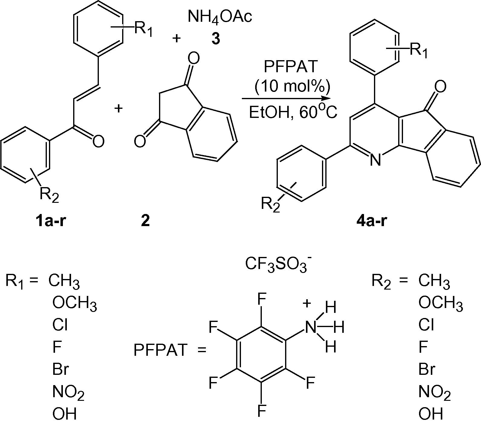 Synthesis of various 2,4-diaryl-5H-indeno[1,2-b]pyridin-5-one derivatives.