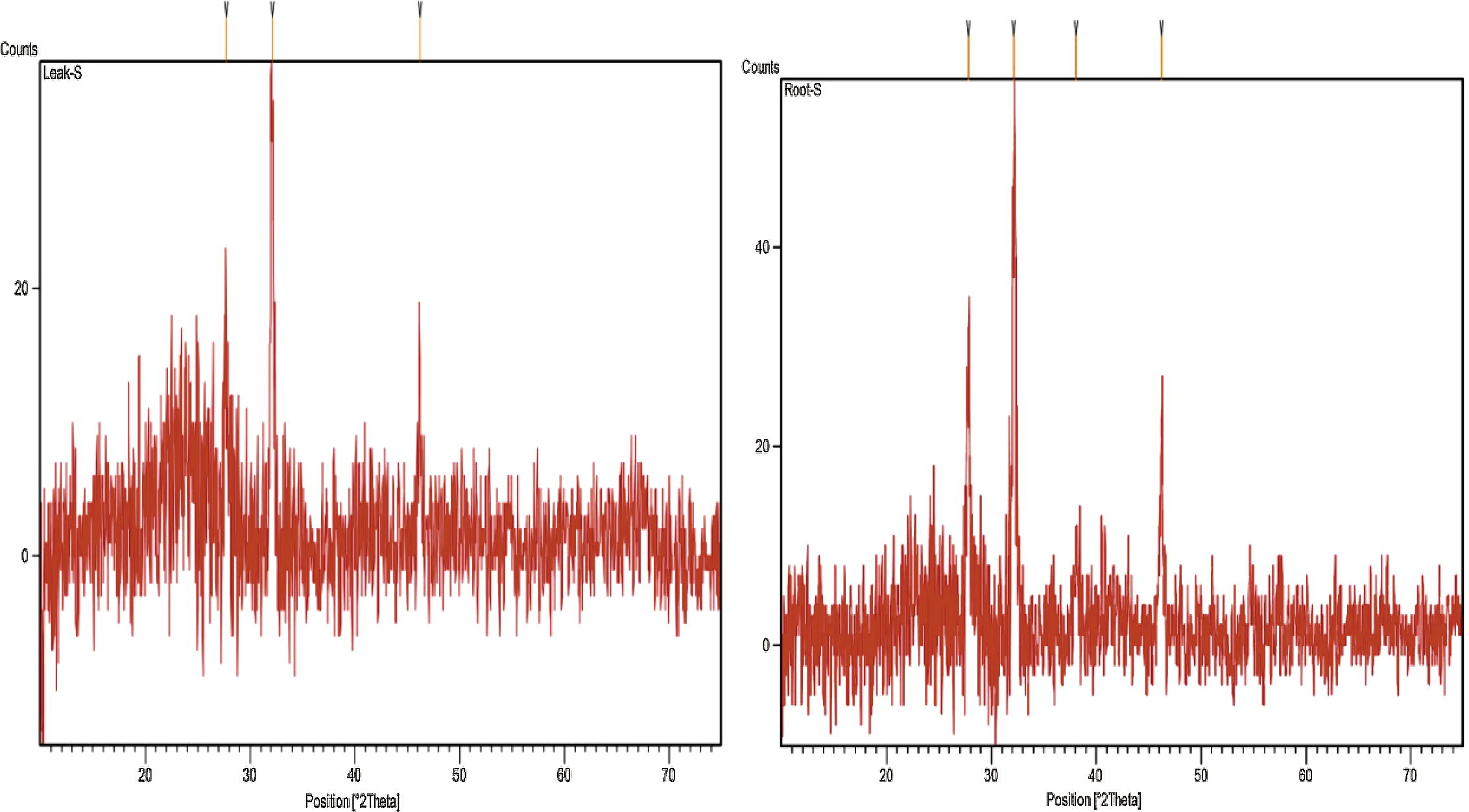 XRD images of SNPs generated using extracts of ipomoea leaf (left) and of root (right).