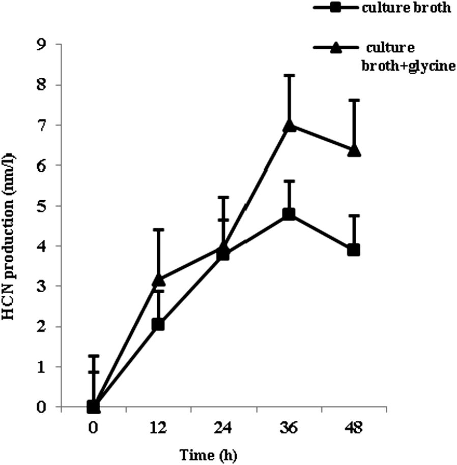 Time course of cyanide production by Pseudomonas aeruginosa strain KC1 (HM195190). Data are the mean ±SD of 3 replicates and the experiment was repeated on two independent occasions. The bars indicate standard error of mean.