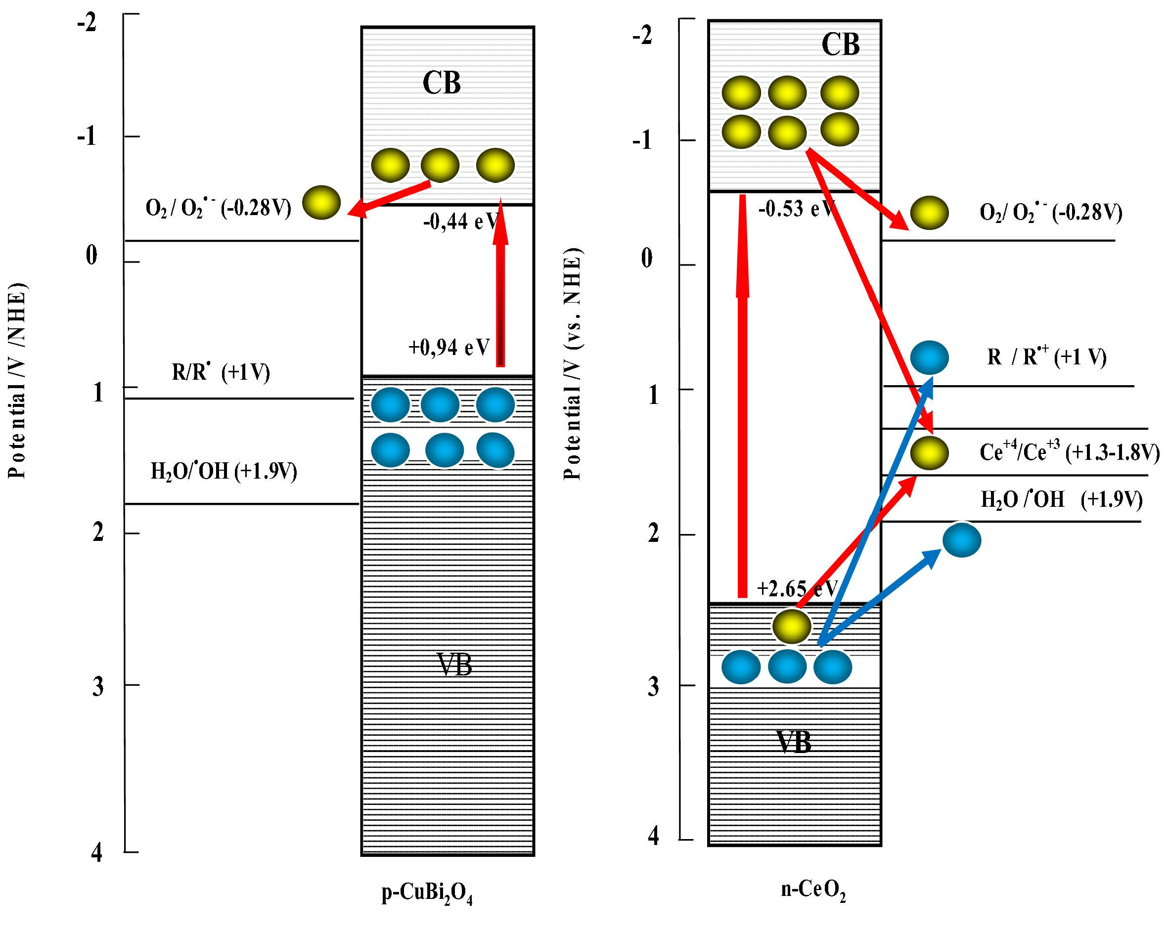 Reaction schemes of CuBi2O4 (a) and CeO2 (b) as the p and n type respectively for charge separation for the reductivity/oxidizability improvement model (electron and hole ).