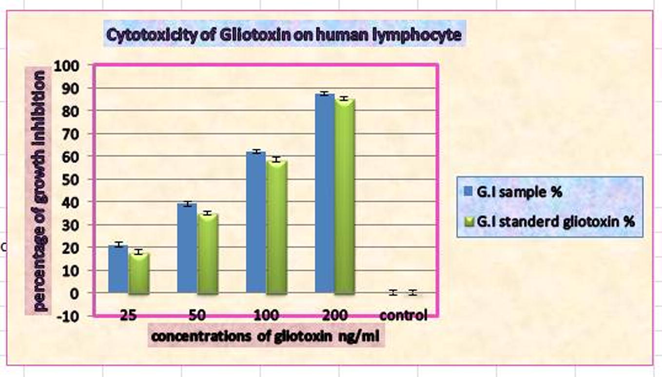 Cytotoxic effect of purified gliotoxin from Aspergillus fumigatus and standard gliotoxin on human lymphocytes after a 24 h incubation period.