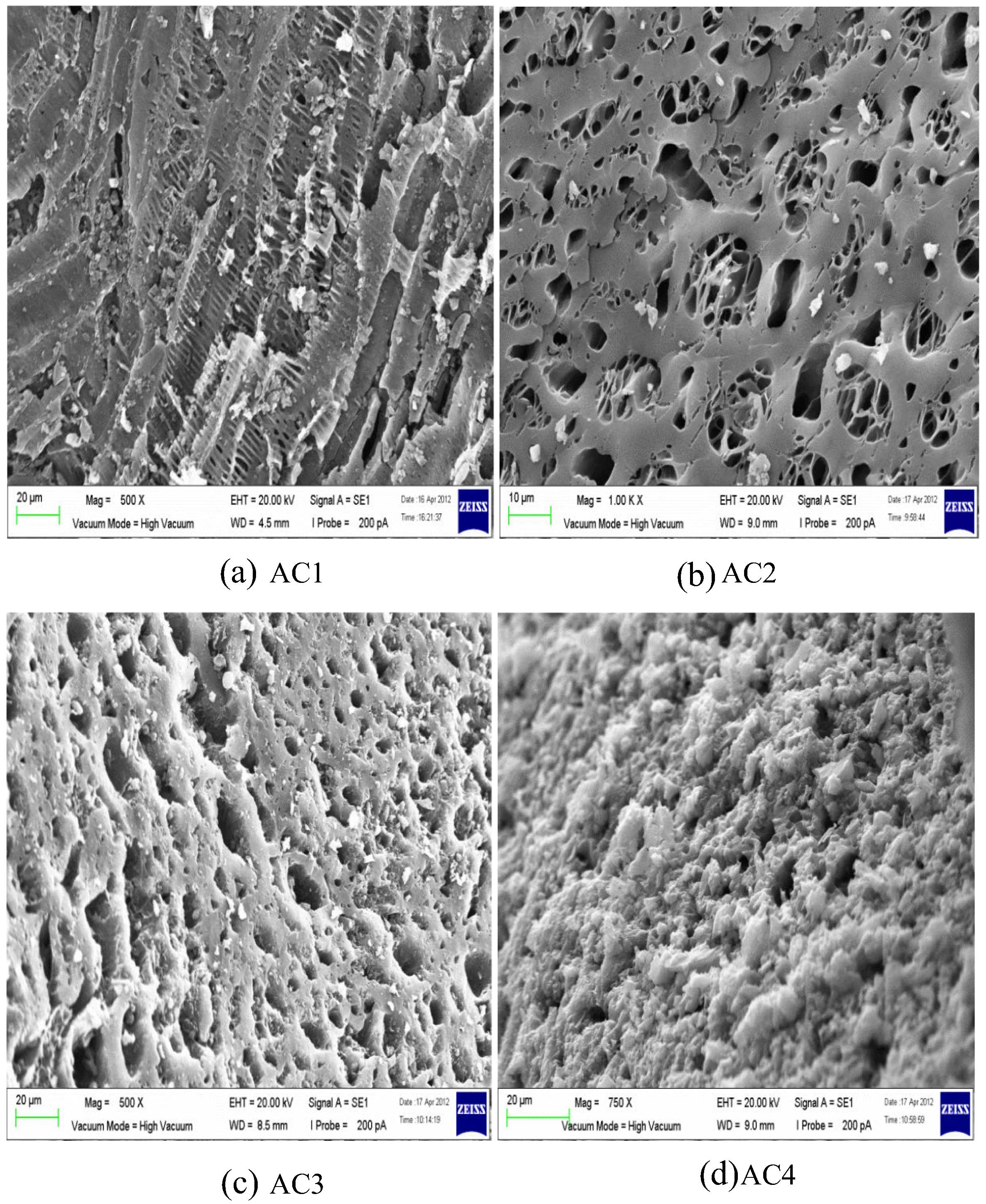 SEM image of MAC activated at 500 °C for different Xp values: (a) 0.6, 500× magnification; (b) 1.2, 1000× magnification; (c) 1.8, 500× magnification; and (d) 2.4, 750× magnification.