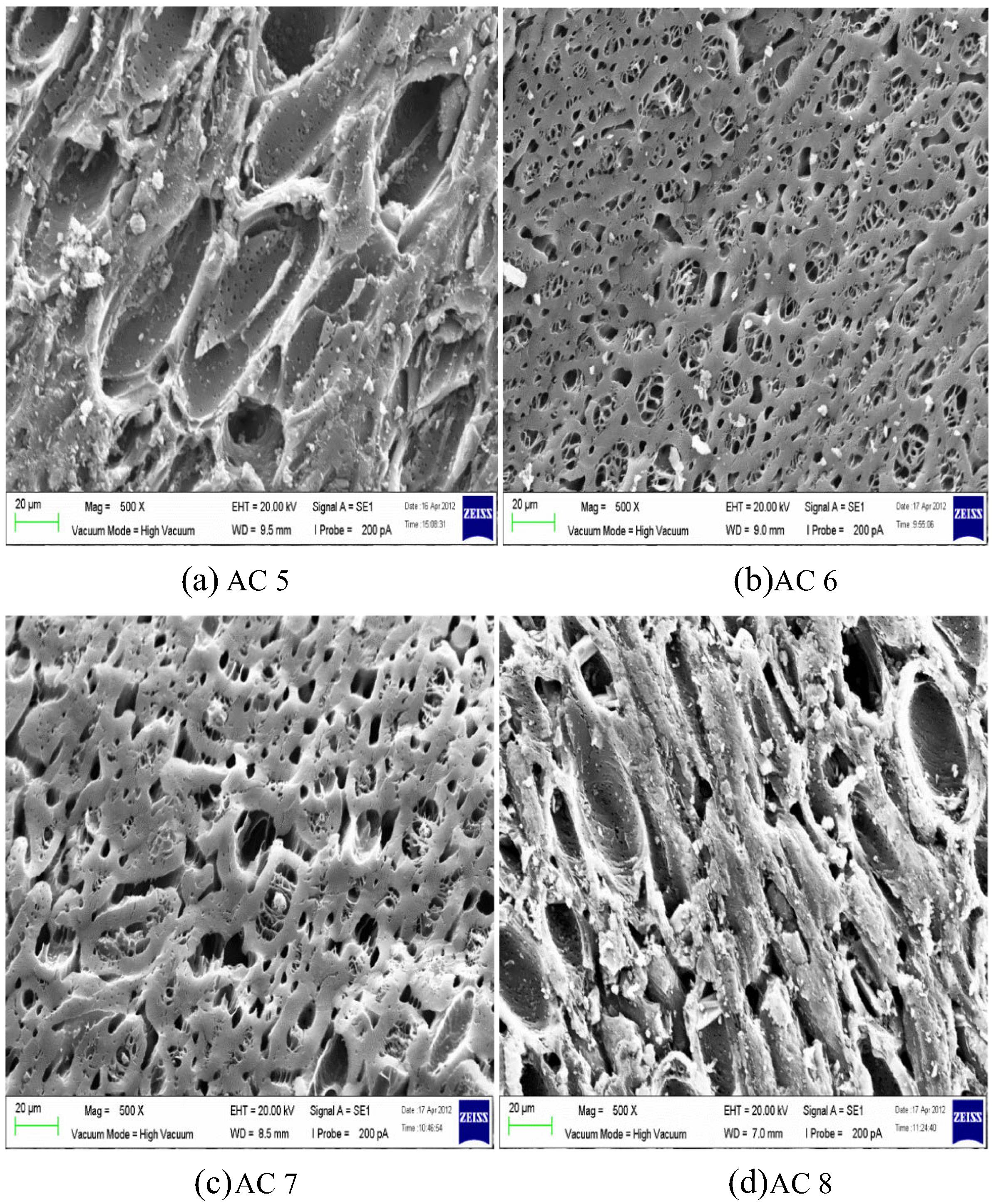 SEM image of AC activated at 700 °C for different Xp values: (a) 0.6, 500× magnification; (b) 1.2, 1000× magnification; (c) 1.8, 500× magnification; and (d) 2.4, 750× magnification.