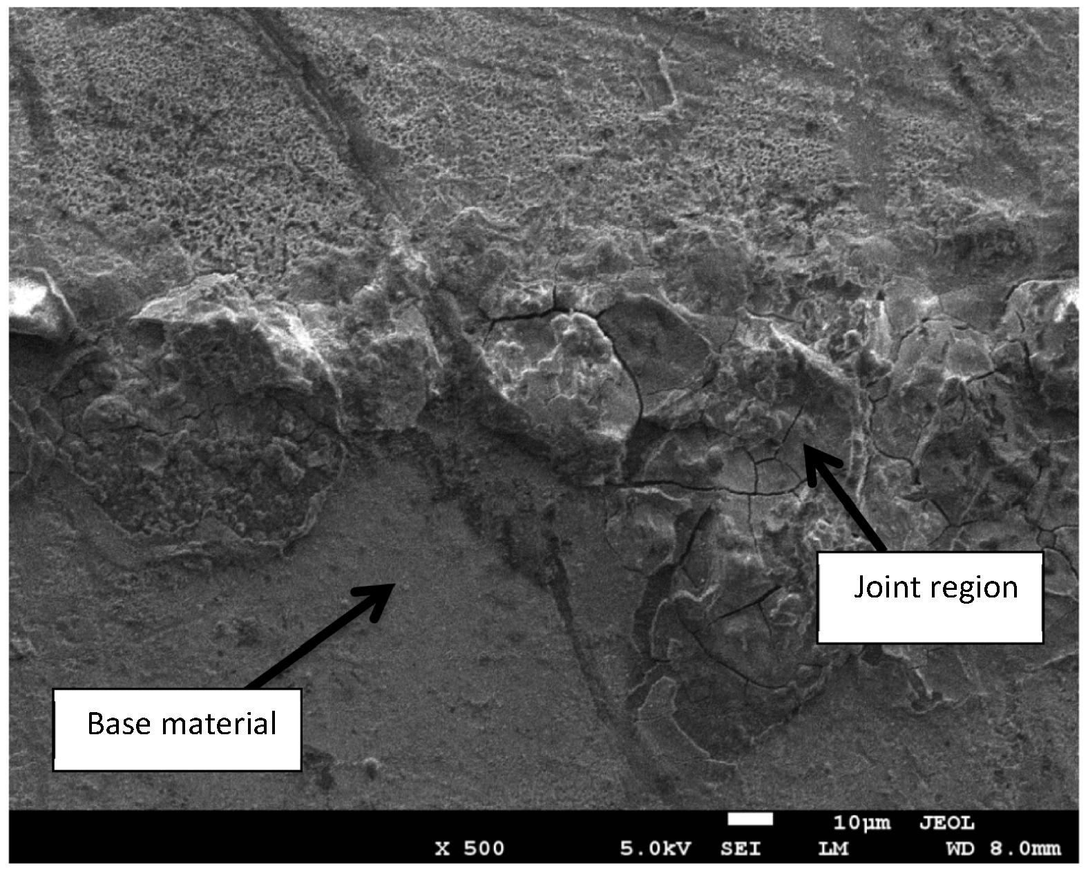 Close up image (SE mode) of the joint region for bond made at 20 min.