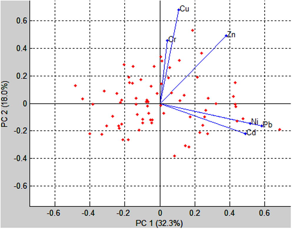 PCA biplot for the identification of surrogate parameters.