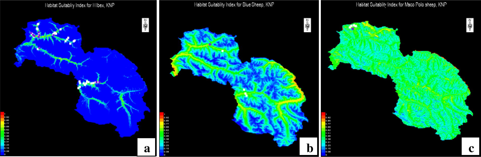 MaxEnt generated habitat suitability maps for Khunjerab National Park using Habitat Suitability Index (HSI) calculated between 0 and 1 for (a) Siberian ibex, (b) Blue sheep and (c) Marco Polo sheep, based on their actual sightings. Red colors show high suitability, yellow moderate and blue low suitability habitat.