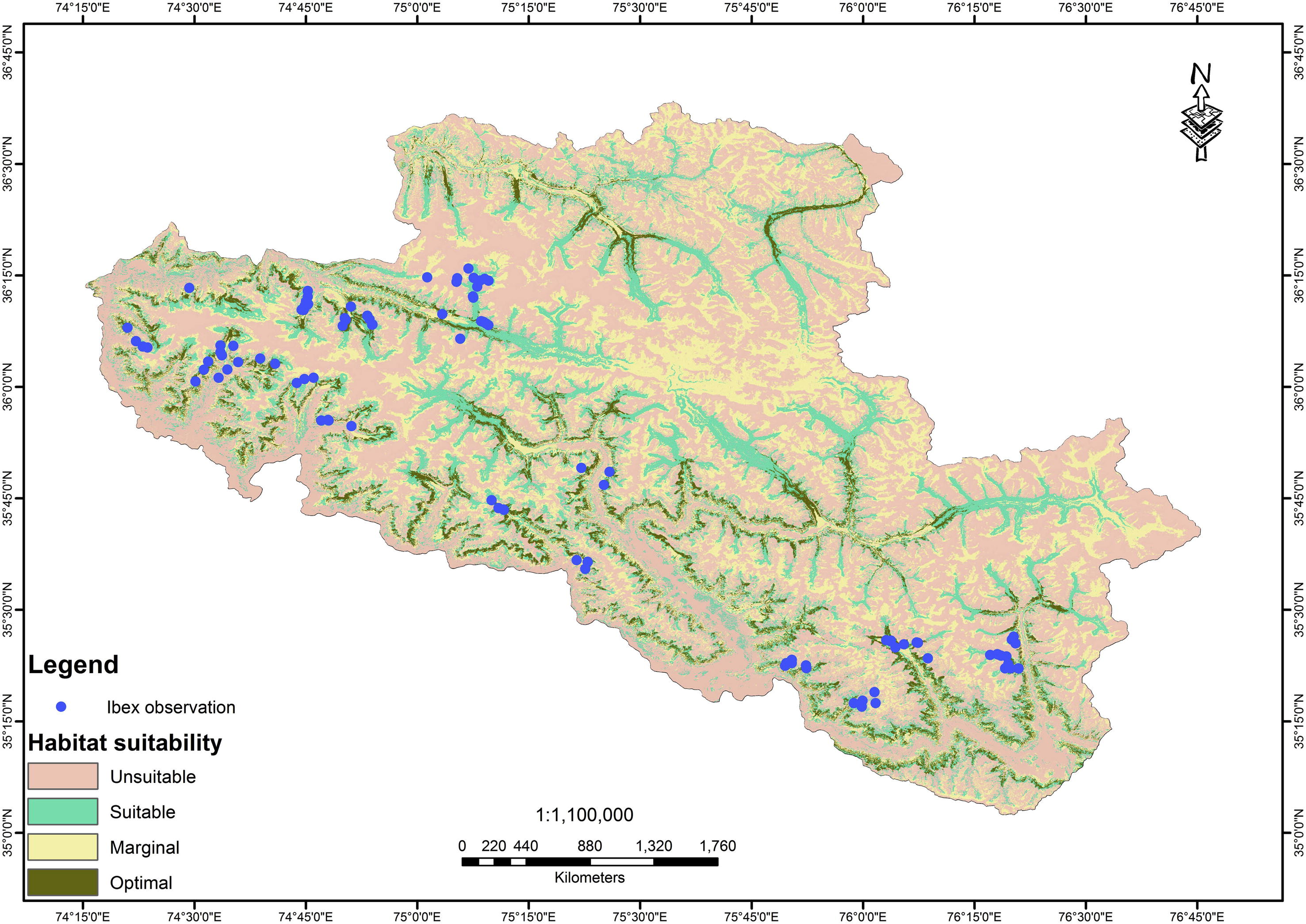 Habitat suitability map of Himalayan ibex.