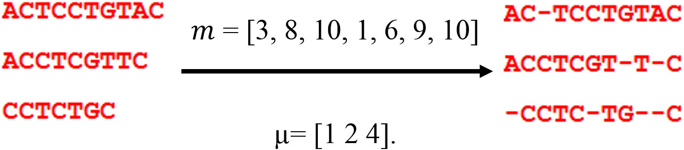 Numerical example on how a particle of gap positions is created. m is a particle, and μ is a matrix helping the particle to decide to which sequence the gap belongs.