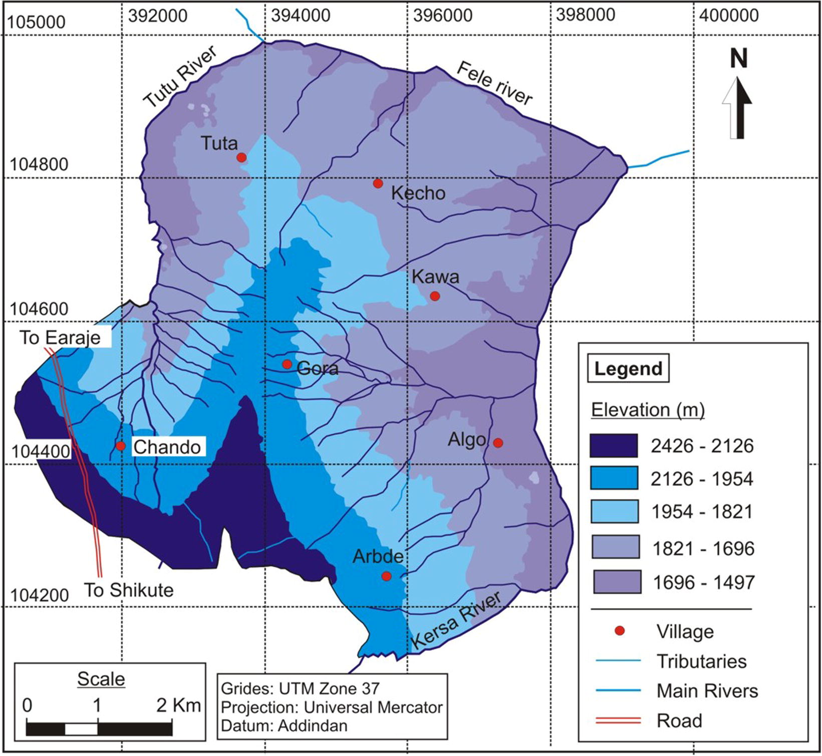 Elevation map of the study Area.