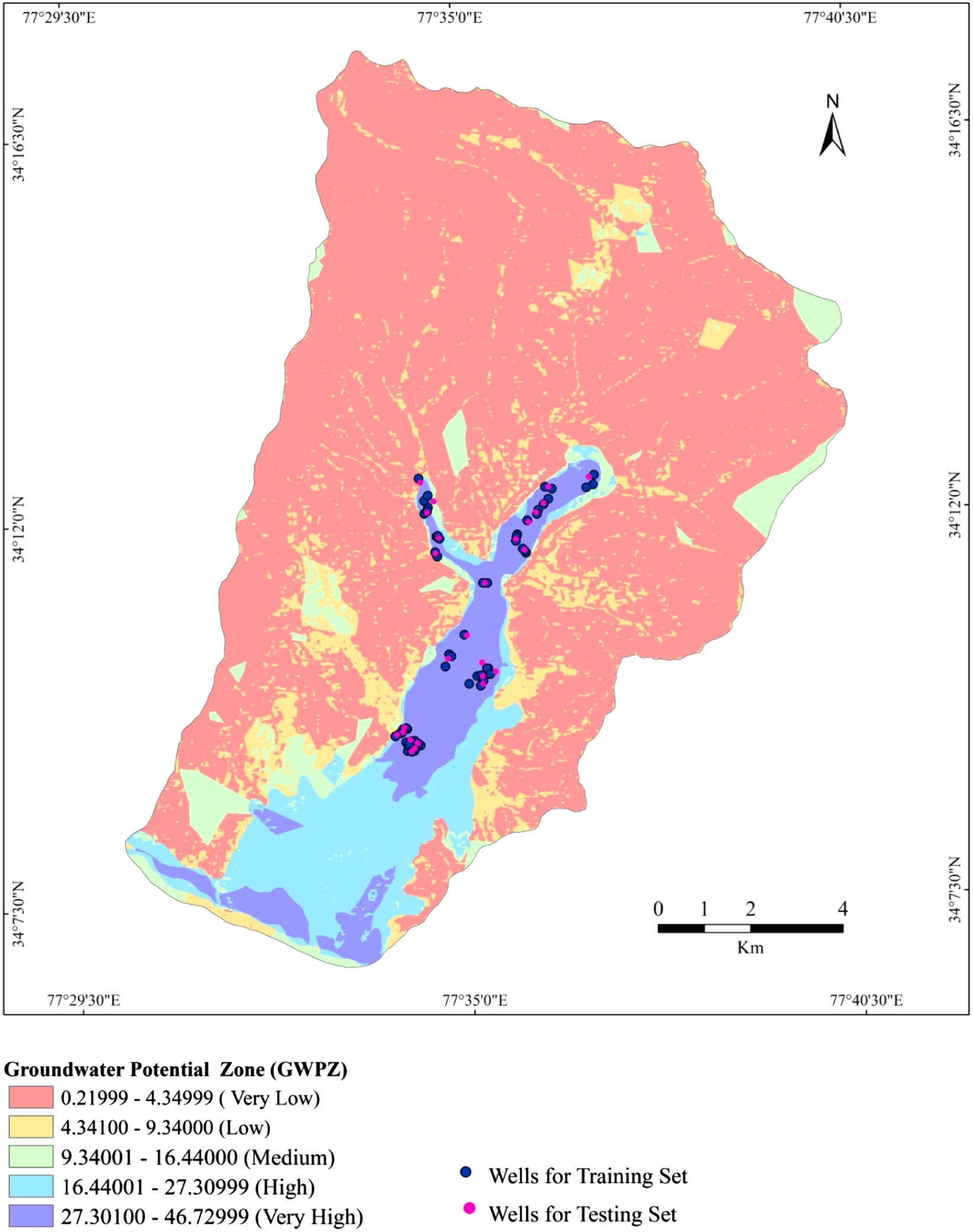 Groundwater potential zonation map derived from FR method.