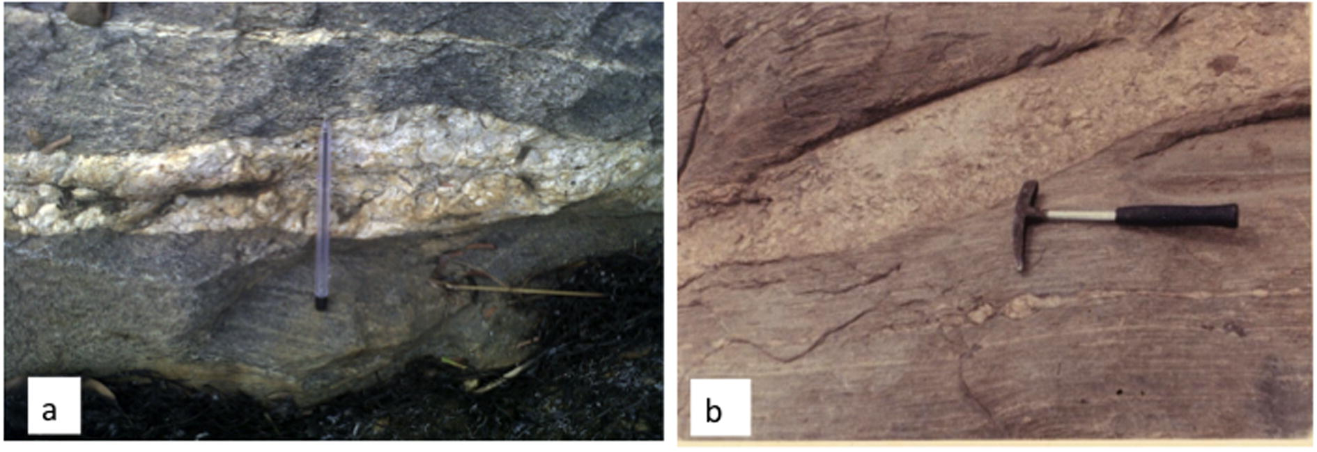 Some of the rocks mapped in the study area. Left-Granite gneiss, Right-Banded gneiss crosscut by pegmatite.