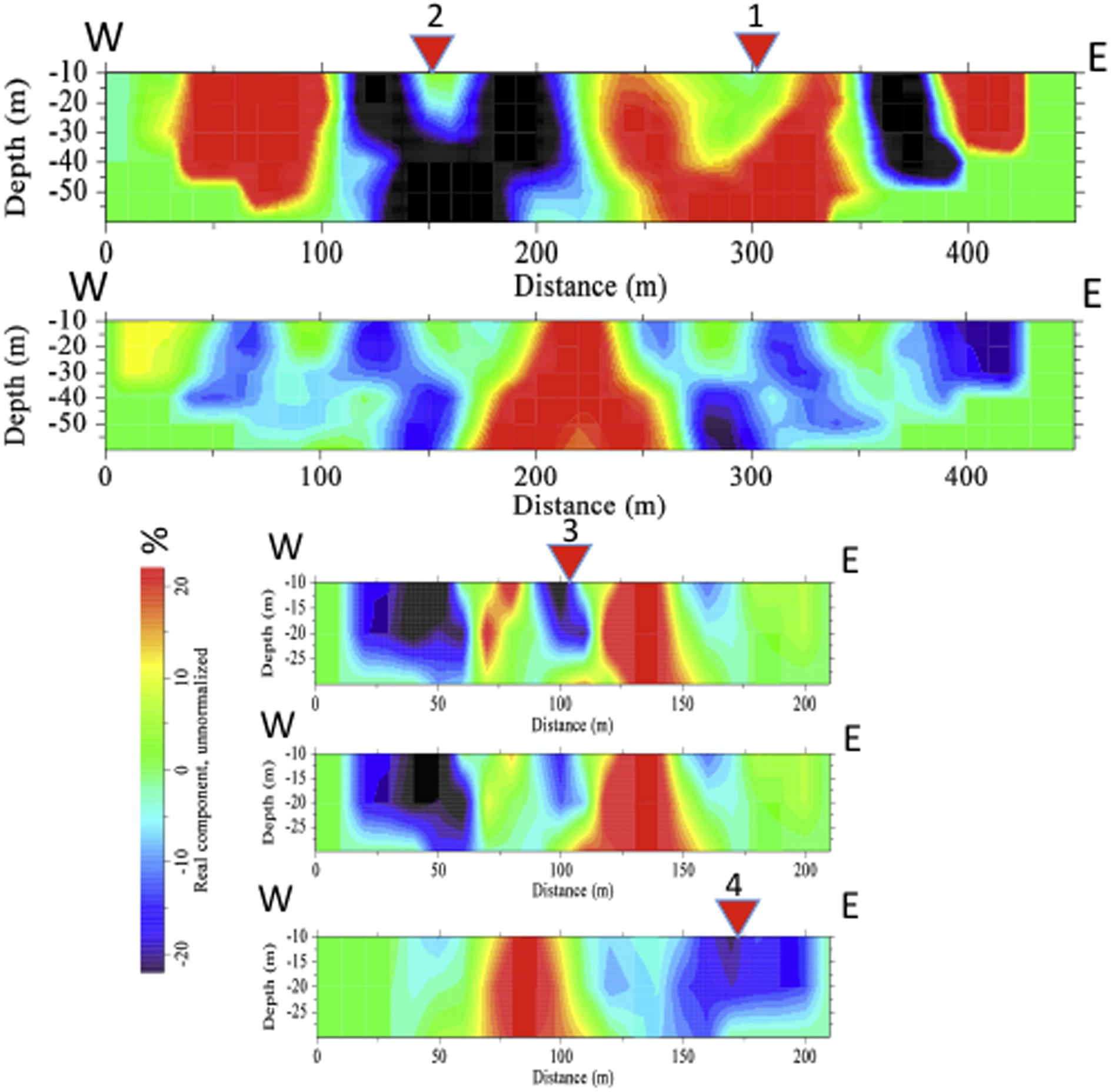 Current density pseudo-section along VLF profiles 1–5 – from top to bottom (south of the dumpsite). Light colour represents high current density (i.e., high conductivity); dark colour represents low current density (i.e., low conductivity). VES stations are indicated on the profiles.