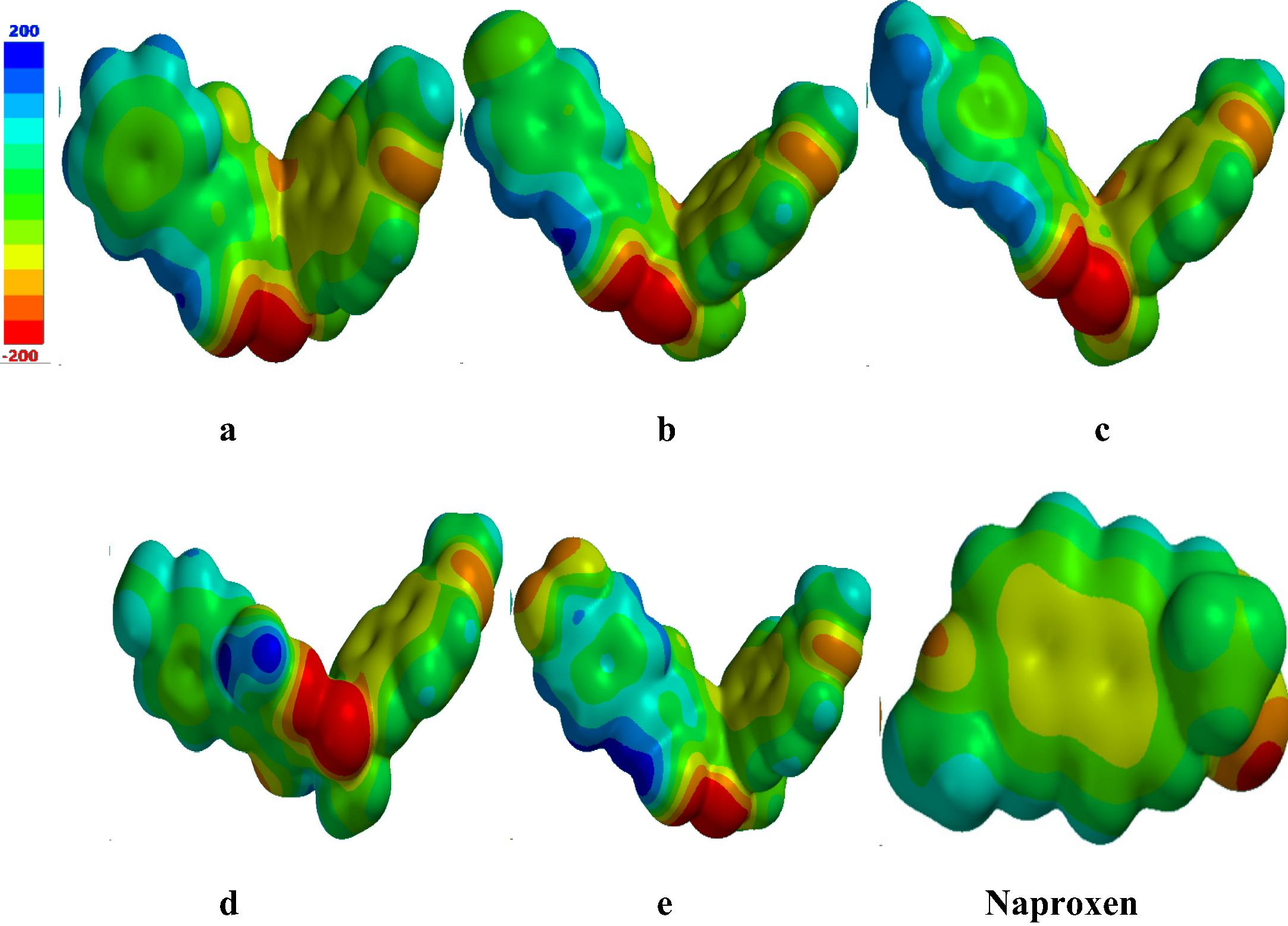 The molecular electrostatic potential (MEP) surfaces of the naproxen derivatives.