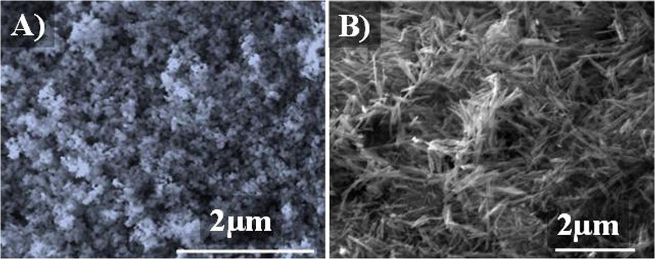 SEM image of A) MgO and B) MnO2.