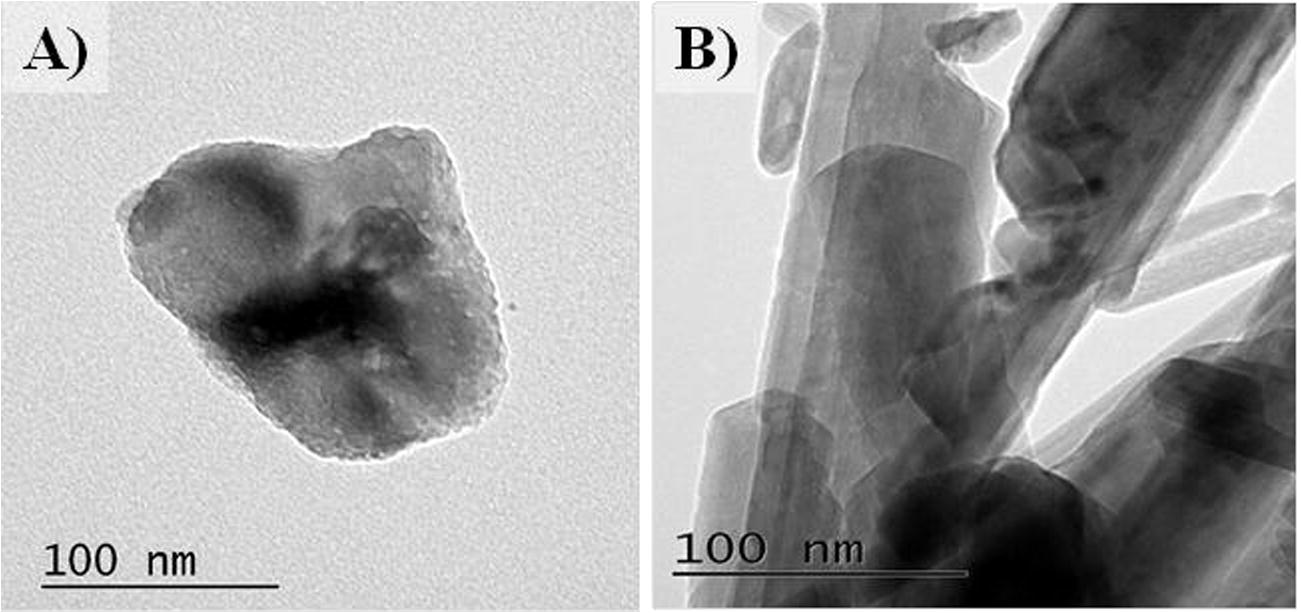 TEM image of A) MgO and B) MnO2.