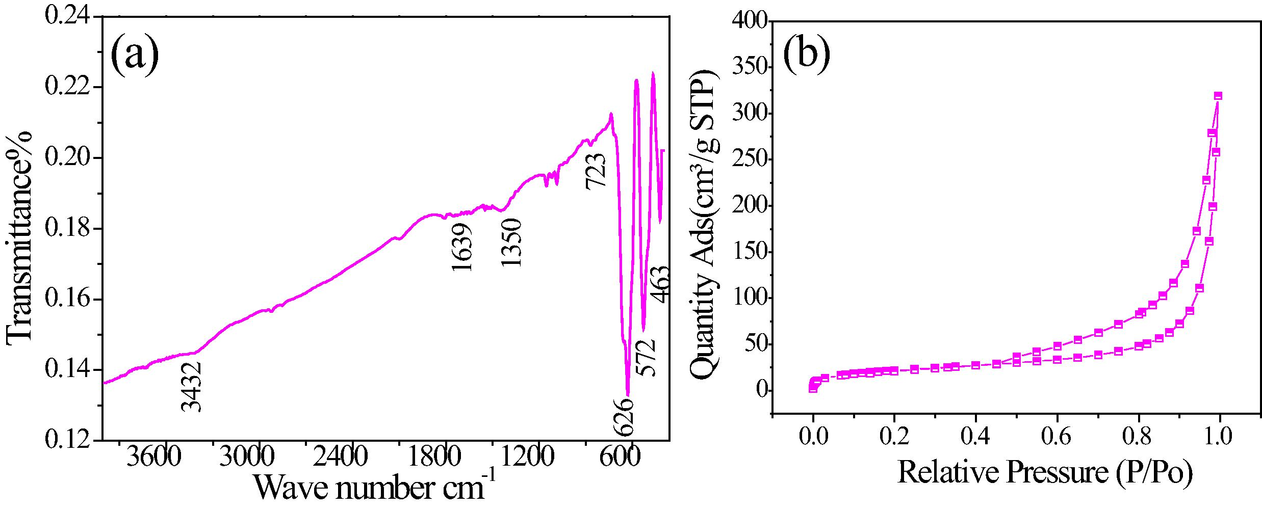 (a) FT-IR spectra and (b) N2 adsorption–desorption isotherm curve of CoxMn1−xO2 nanowires.