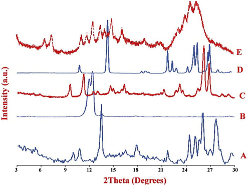 PXRD patterns of (A) QUE, (B) CAF, (C) QUECAF, (D) NIC and (E) QUENIC.