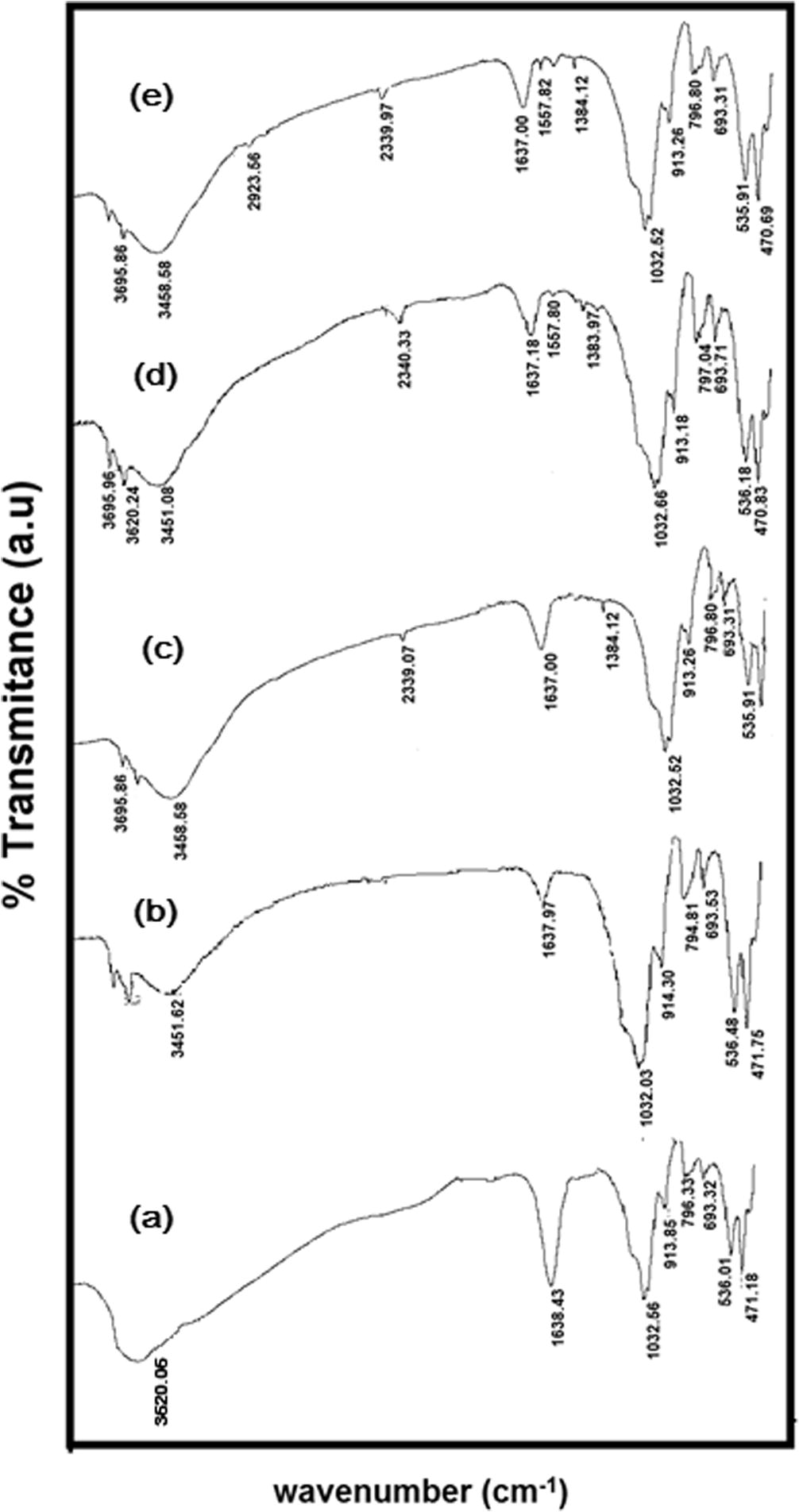 FTIR spectra of (a) Kaolinite (b) APTES-Kao-01 (c) APTES-Kao-03 (d) APTES-Kao-05 and (e) APTES-Kao-10.