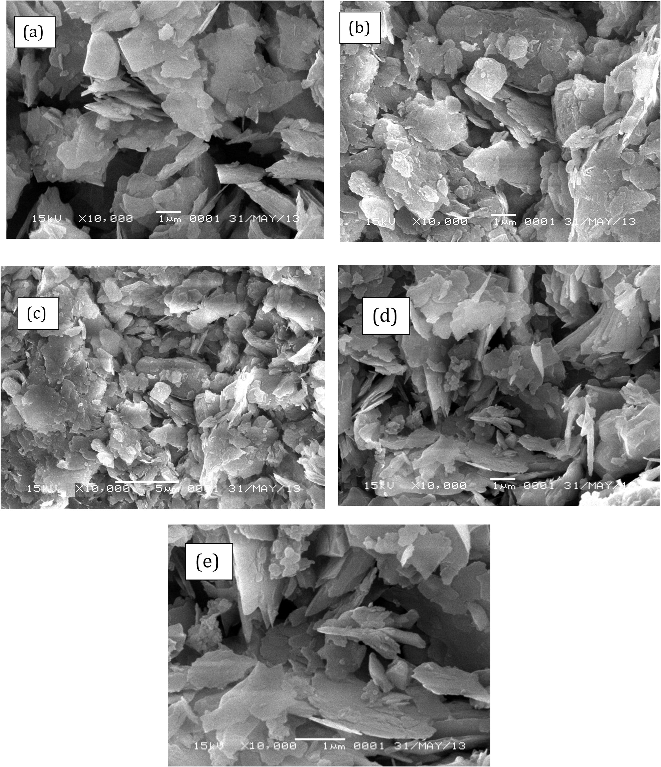 SEM Profile of (a) Kaolinite (b) APTES-Kao-01 (c) APTES-Kao-03 (d) APTES-Kao-05 and (e) APTES-Kao-10.