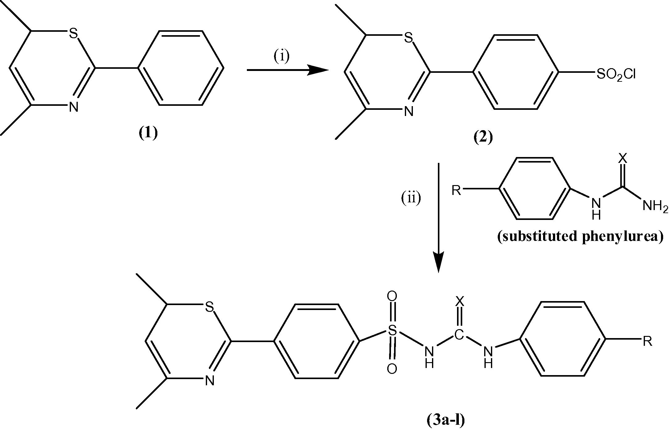 Reagents and reaction conditions: (i) Chlorosulfonic acid, 1,4 dioxane, stirring at r.t., (ii) NaOH solution (2 N), conc. HCl, stirring at 70 °C.