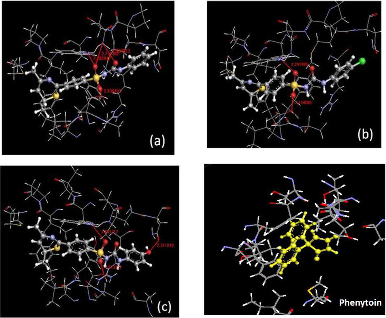 (a) Best possible pore of compound 3a (boll and stick structure) showing hydrogen bond (red color line) and bond distance, (b) best possible pore of compound 3b, (c) best possible pore of compound 3c, (d) Possible interaction of amino acids with phenytoin.