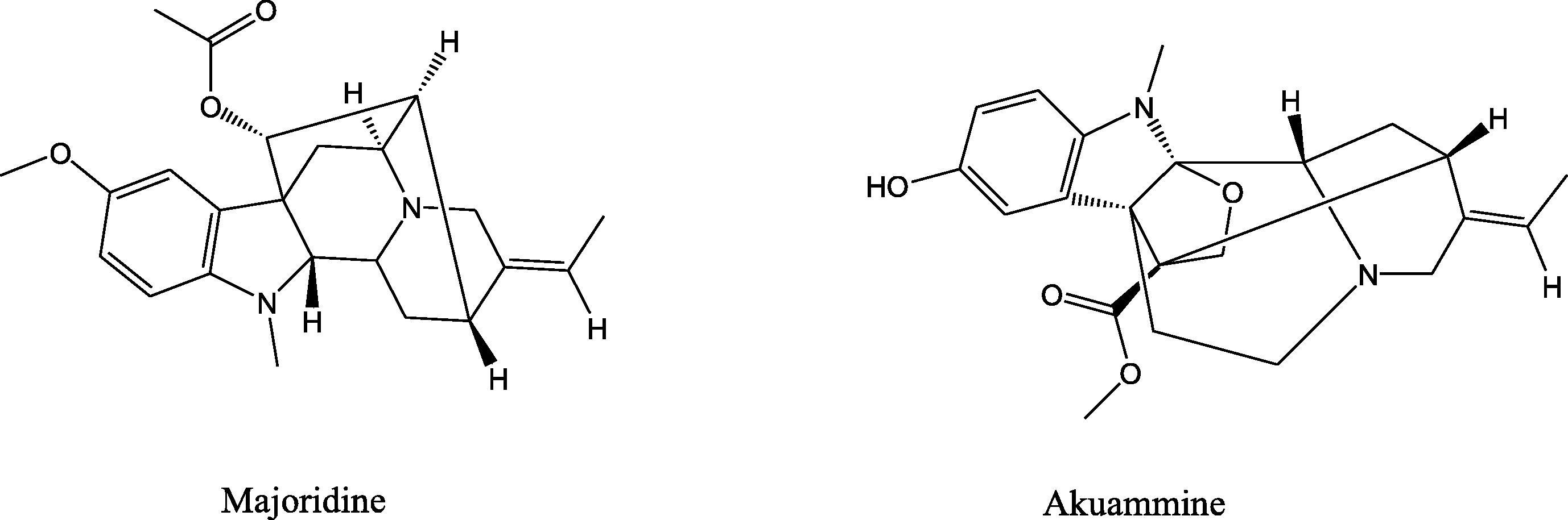 The chemical structures of Majoridine and Vincamajoridine (Akuammine).