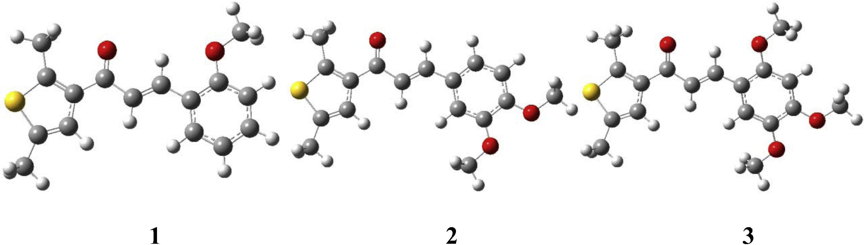 The optimized structures of the chalcone derivatives investigated in the presented study (yellow = S; red = O).