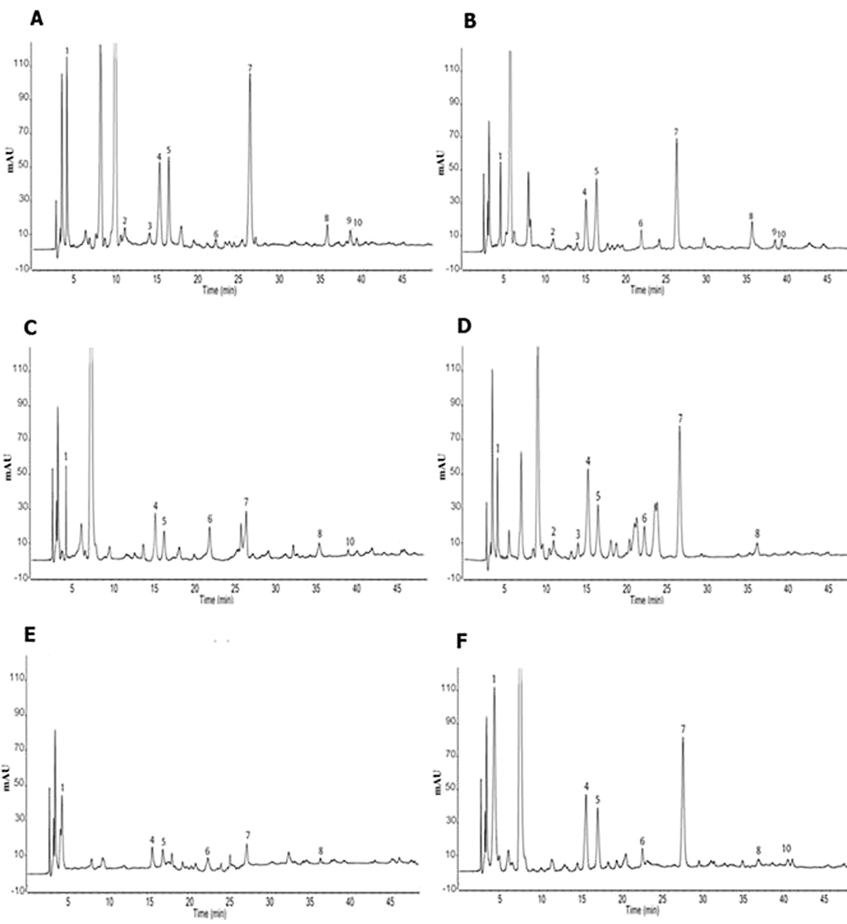 HPLC-DAD chromatograms of different date varieties. Bousrdoun (A); Jihl (B); Bousthammi (C); Majhoul (D); Bouskri (E); Boufgous (F). Peak numbers: gallic acid (1); chlorogenic acid (2); vanillic acid (3); caffeic acid (4); syringic acid (5); p-coumaric acid (6); ferulic acid (7); rutin (8); luteolin (9); quercetin (10).