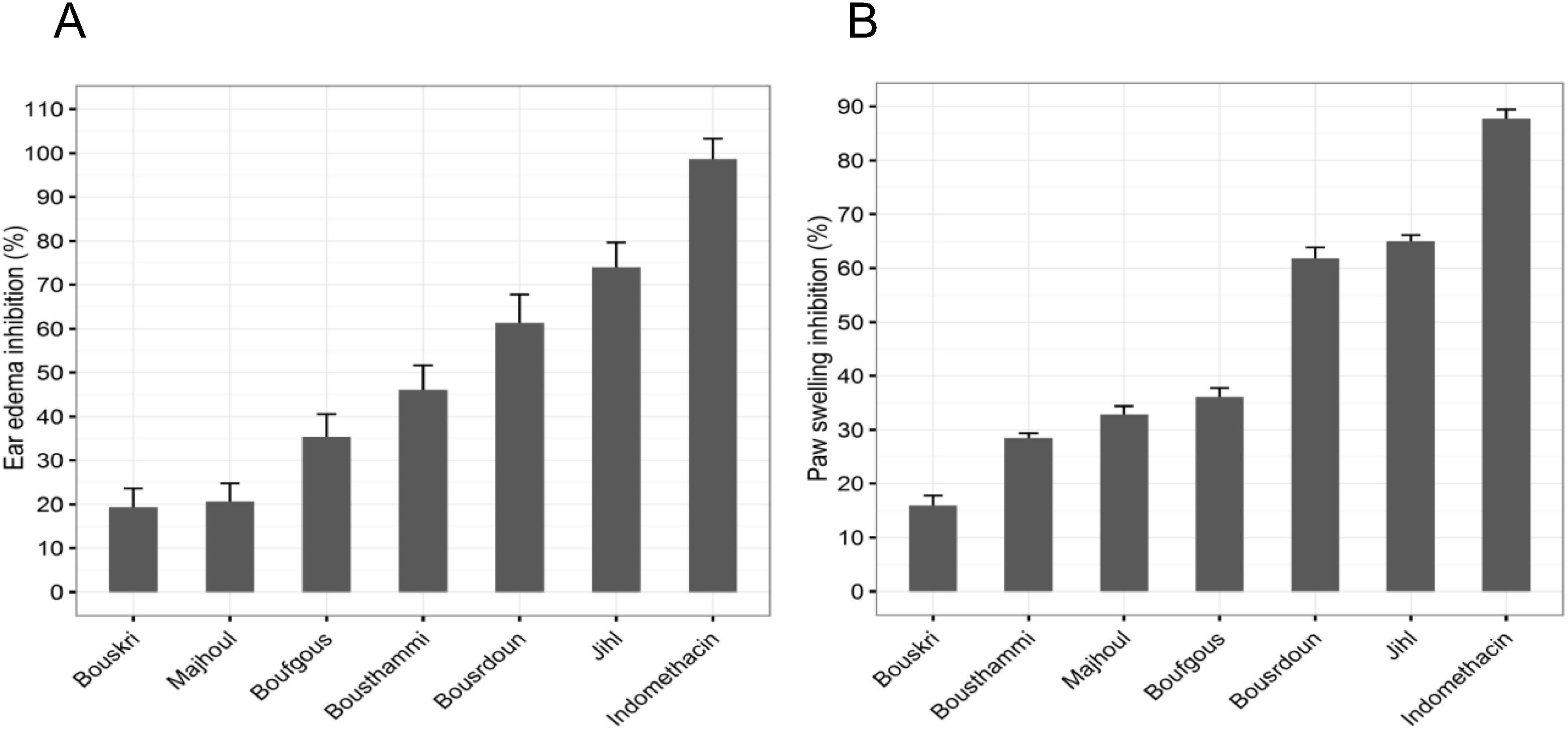 Anti-inflammatory activities of aqueous extracts of six date fruit on croton oil induced mice ear edema (A), and carrageenan induced rat paw edema (B). Animals were treated with aqueous extract of Bouskri, Bousthammi, Majhoul, Boufgous, Bousrdon, and Jihl at 2 mg/kg. Indomethacin was used as a positive control (10 mg/kg). Values are expressed as a mean ± SD, (n = 6).The anti-inflammatory activity was expressed as a percentage of the edema inhibition in the treated ear or paw in comparison to controls.